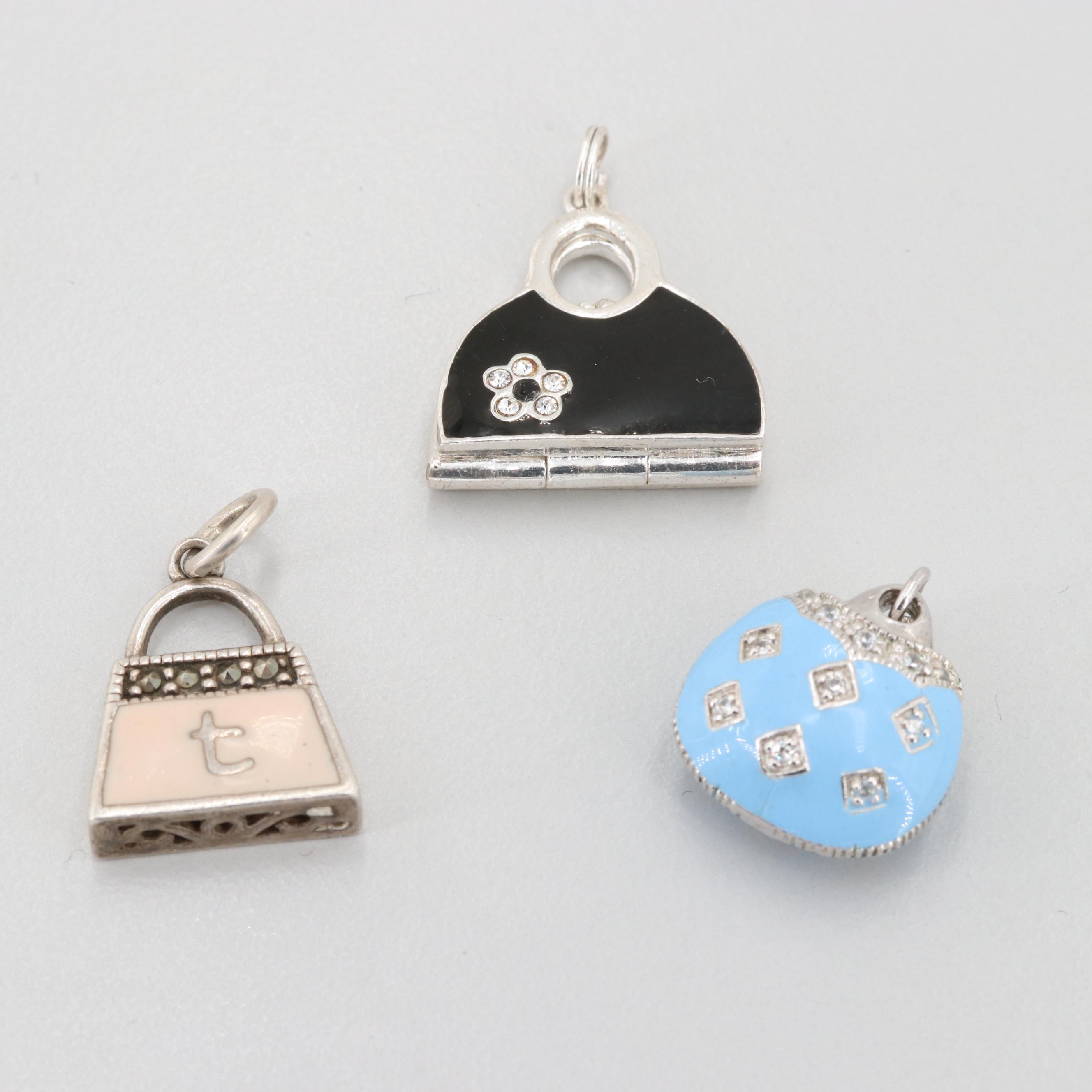 Sterling Silver Handbag Charms with Enamel, Cubic Zirconia, and Glass