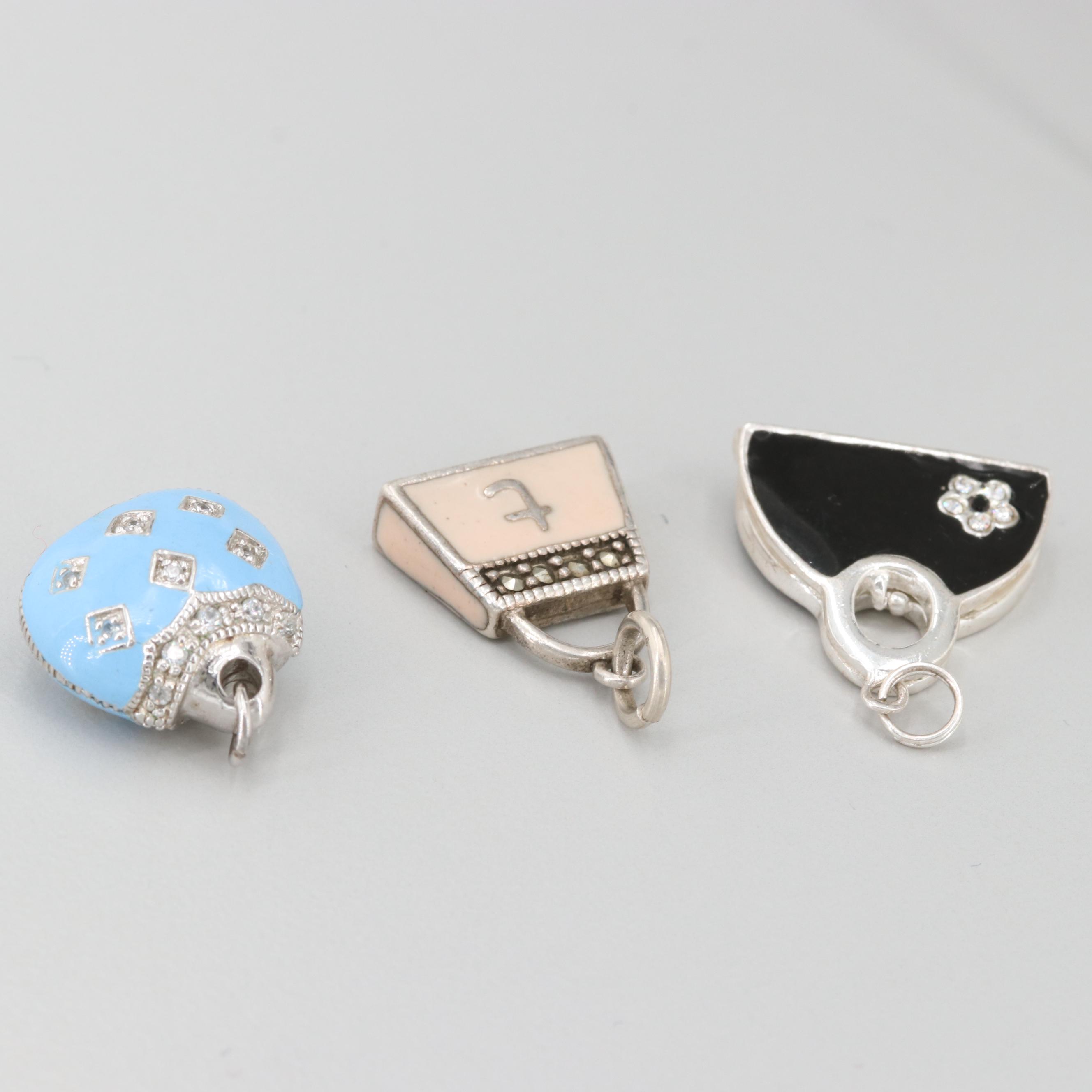 Sterling Silver Handbag Charms with Enamel, Cubic Zirconia, and Glass