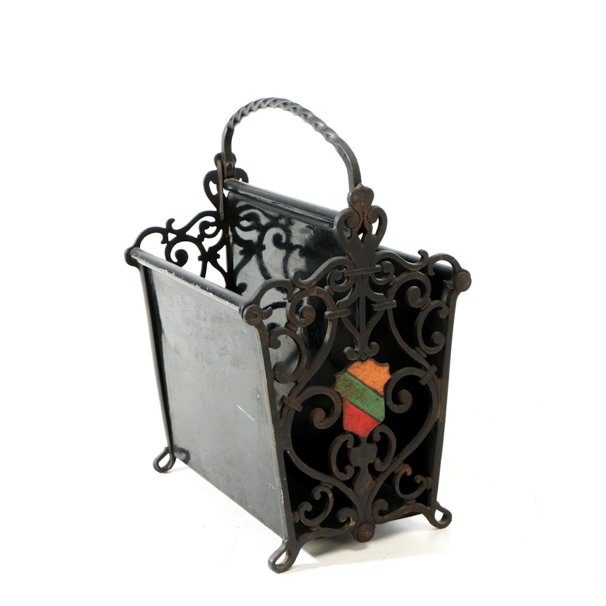 Ebonized and Polychromed Cast Iron and Sheet Metal Magazine Rack, Circa 1920