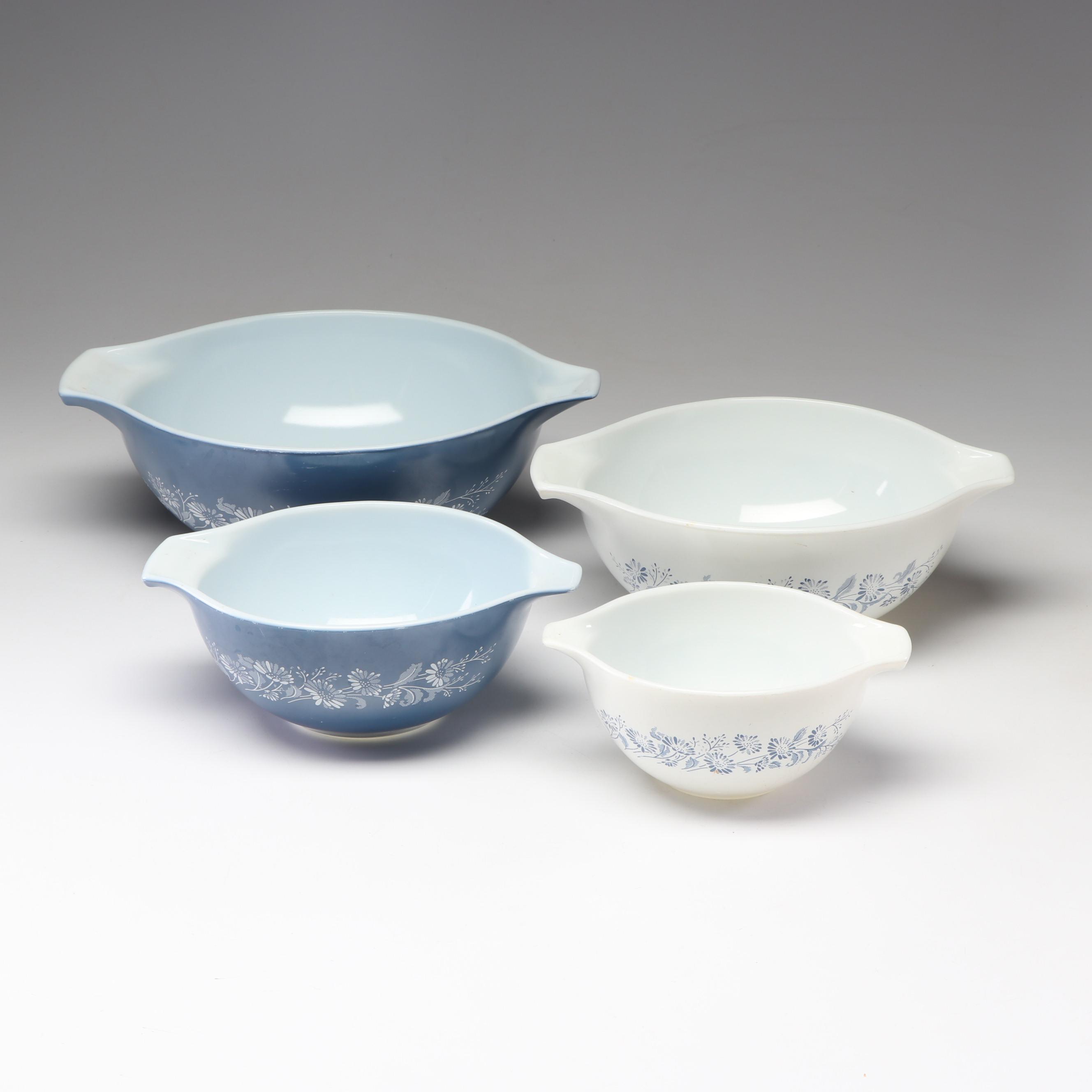 Pyrex Blue and White "Colonial Mist" Cinderella Nesting Mixing Bowls, 1980s