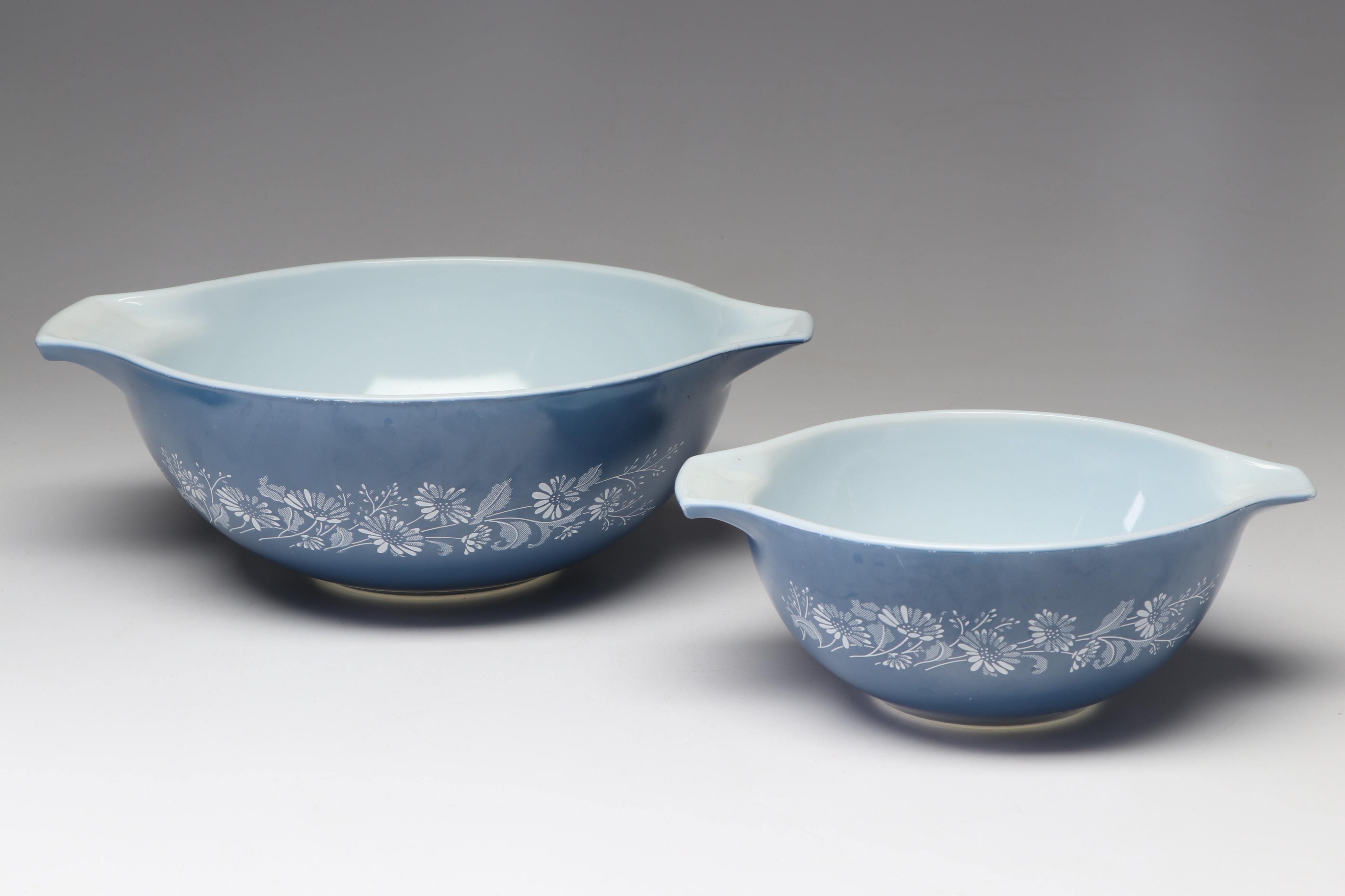 Pyrex Blue and White "Colonial Mist" Cinderella Nesting Mixing Bowls, 1980s