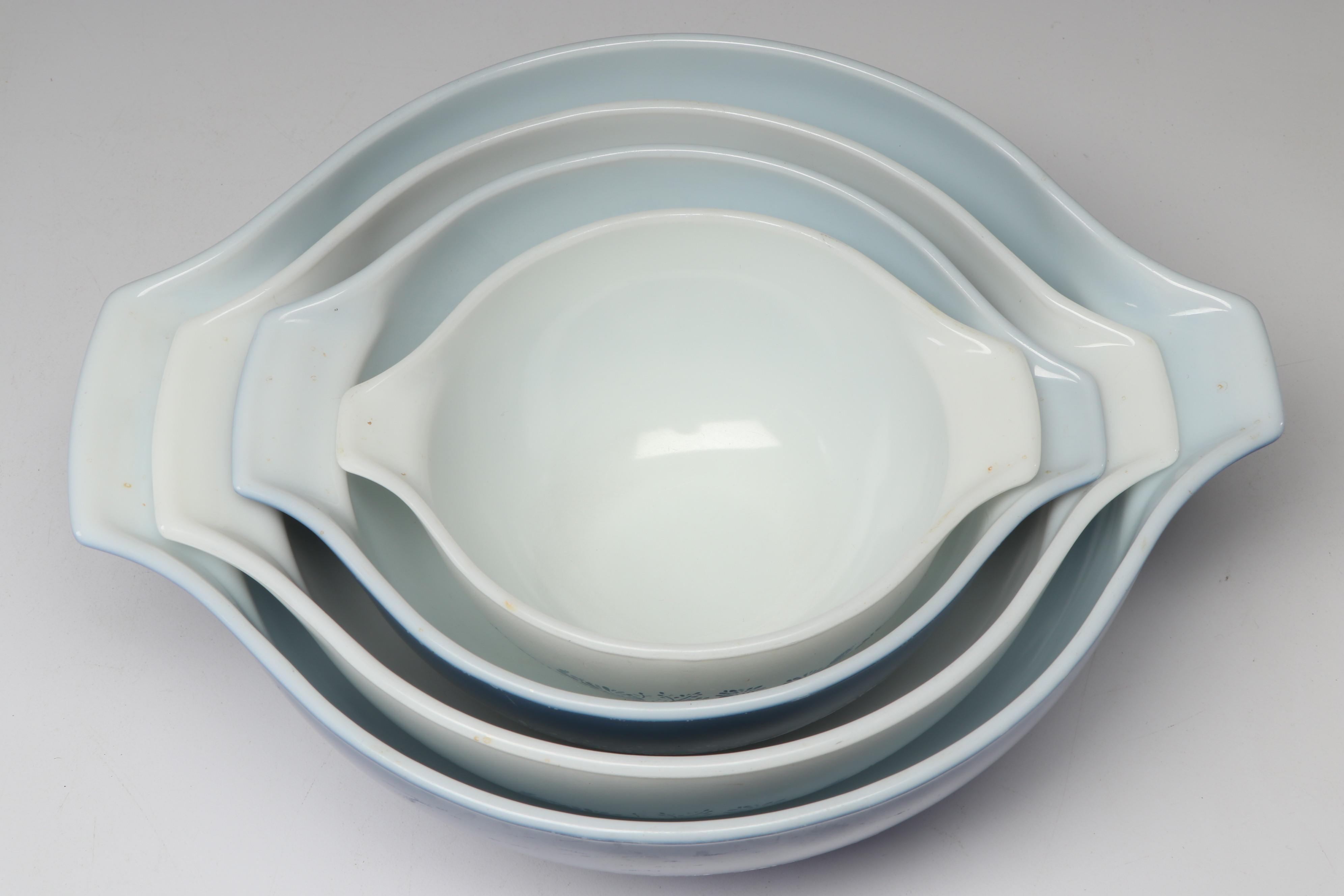 Pyrex Blue and White "Colonial Mist" Cinderella Nesting Mixing Bowls, 1980s