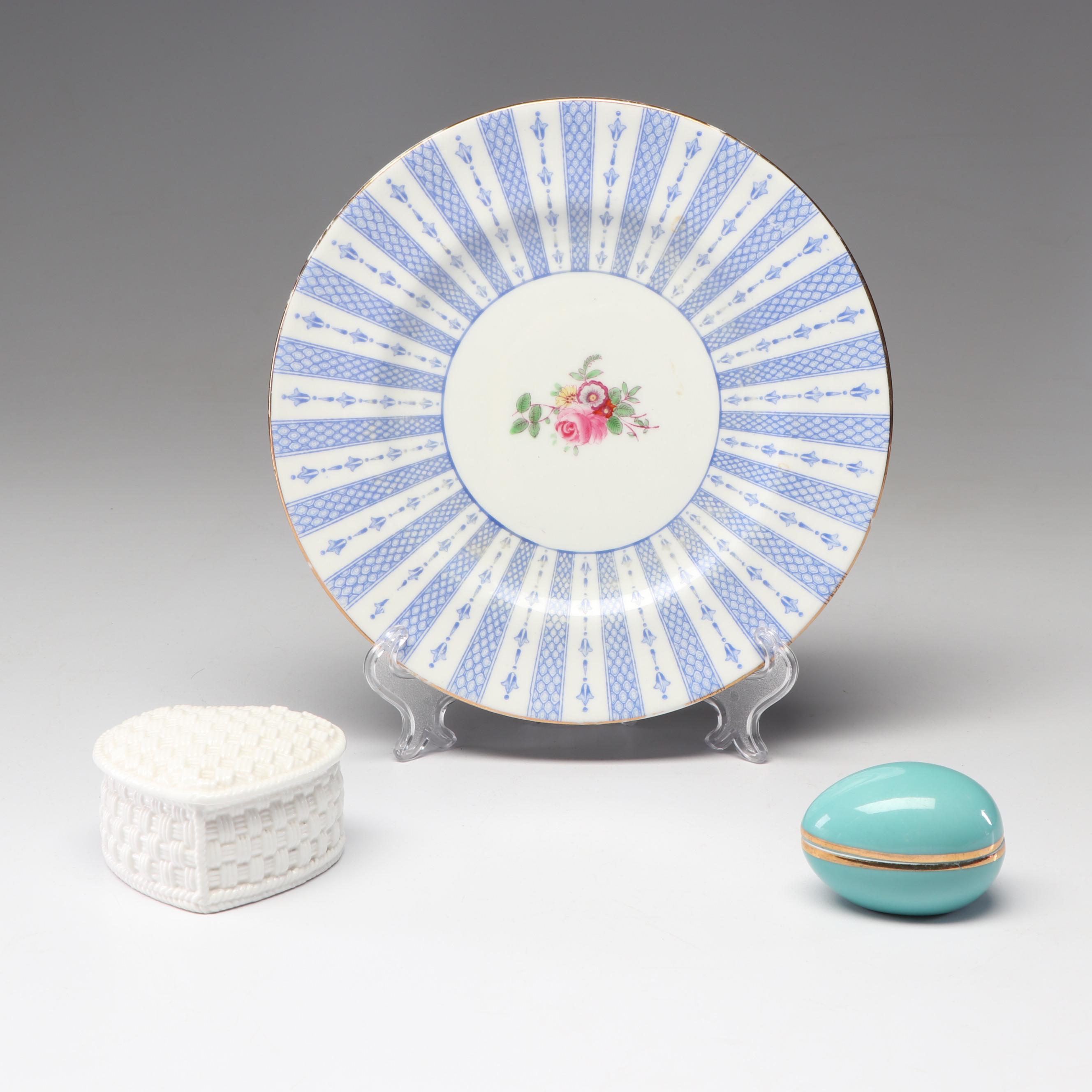 Limoges Porcelain Egg and Tiffany & Co. Boxes with Crown Staffordshire Plate