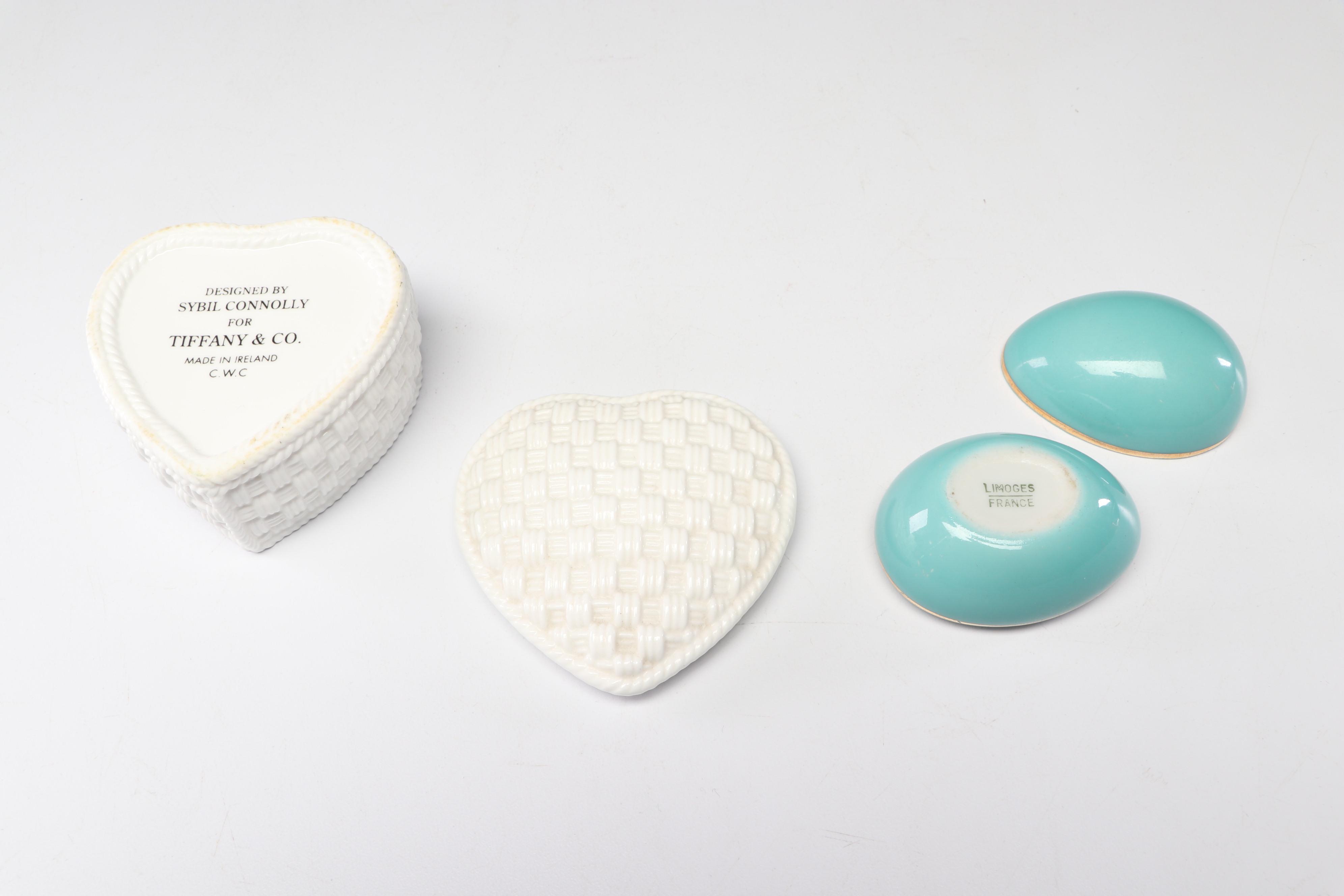 Limoges Porcelain Egg and Tiffany & Co. Boxes with Crown Staffordshire Plate