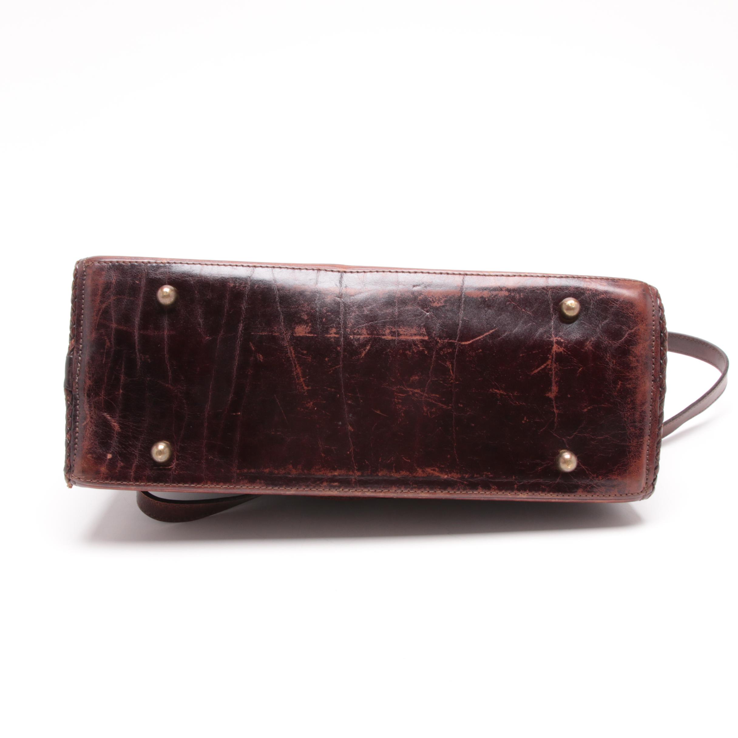 Brahmin Distressed Mahogany Brown Leather Satchel with Woven Leather Trim