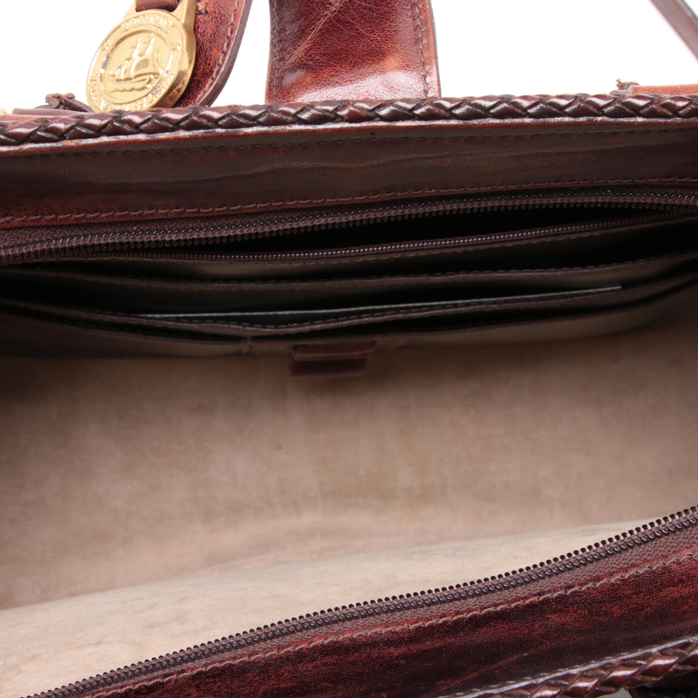 Brahmin Distressed Mahogany Brown Leather Satchel with Woven Leather Trim