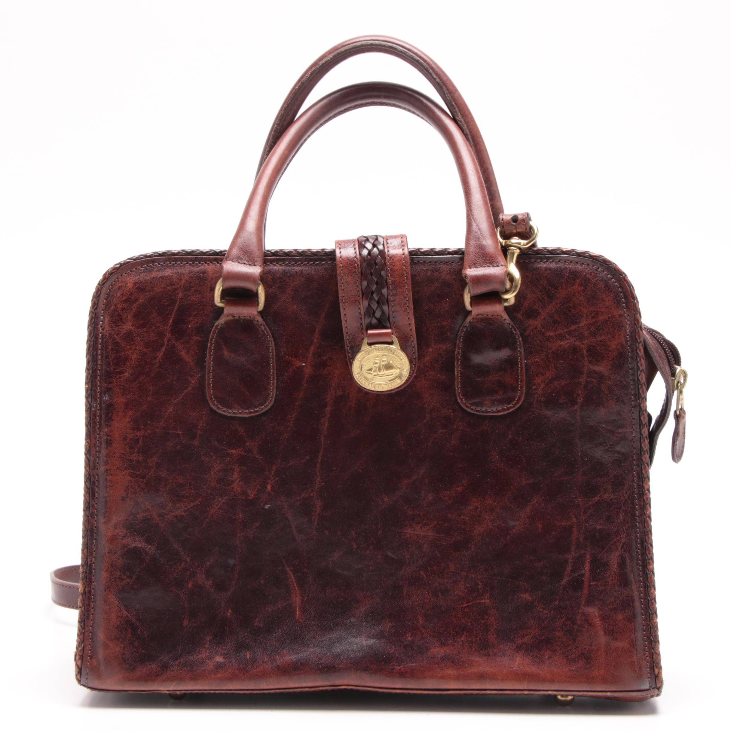 Brahmin Distressed Mahogany Brown Leather Satchel with Woven Leather Trim