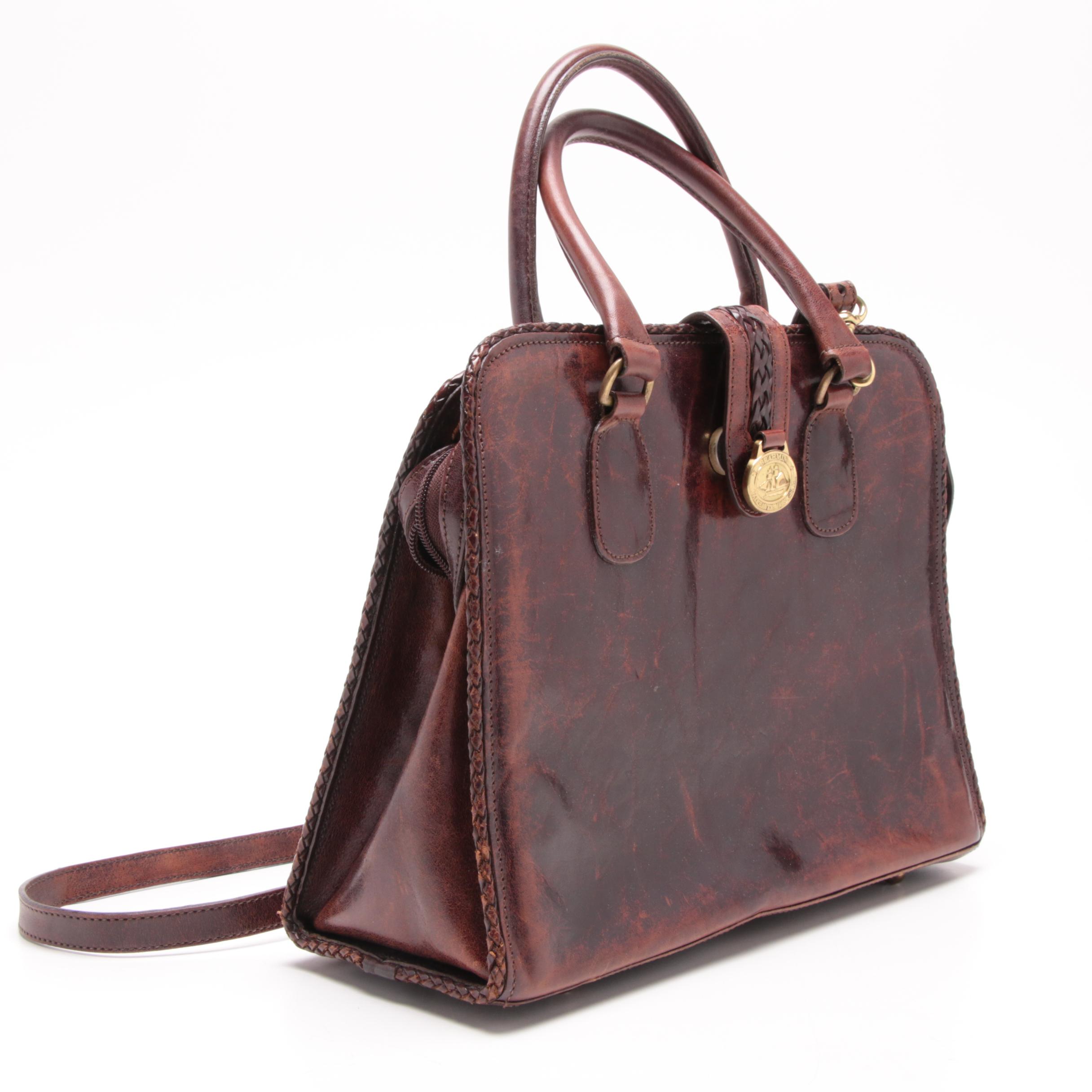 Brahmin Distressed Mahogany Brown Leather Satchel with Woven Leather Trim