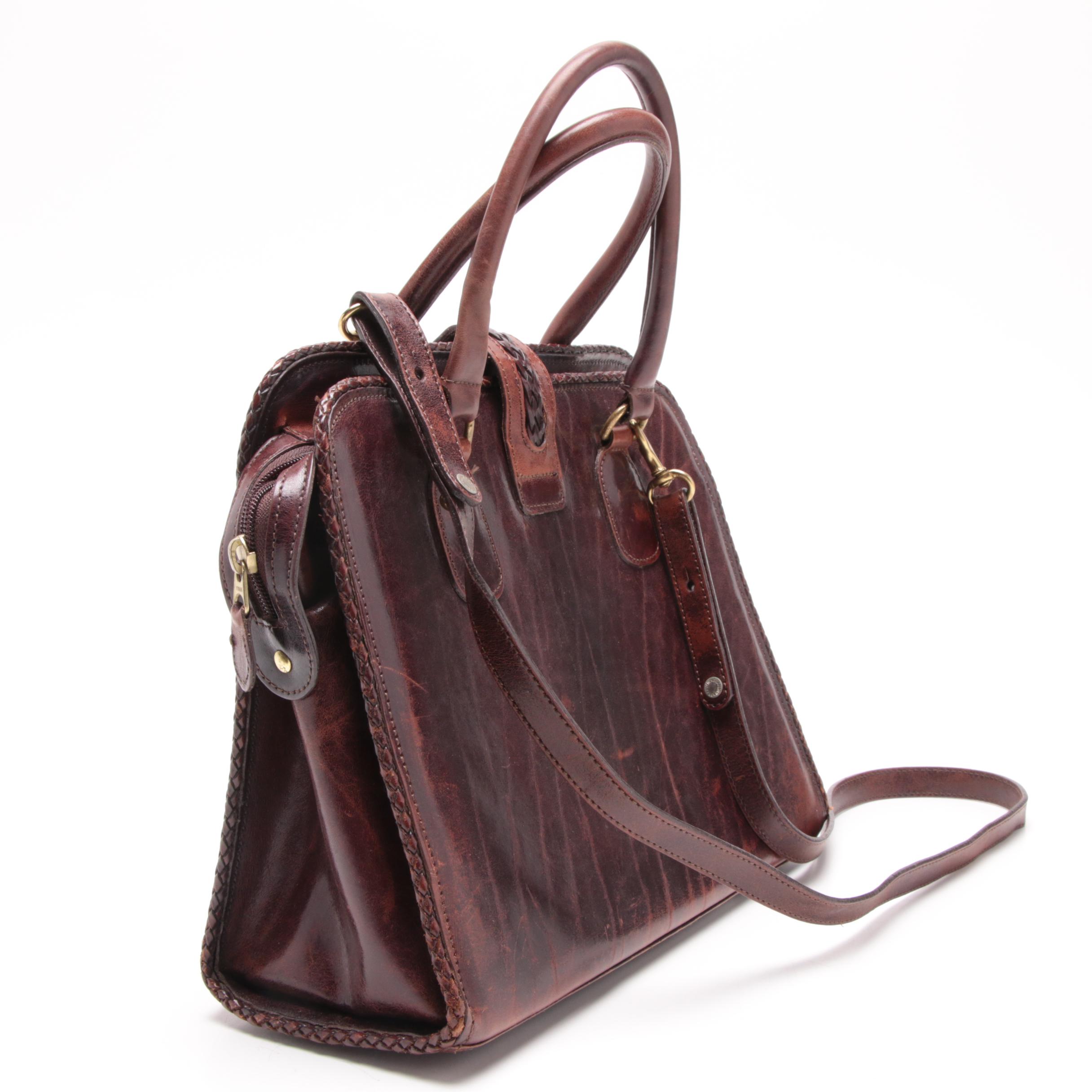 Brahmin Distressed Mahogany Brown Leather Satchel with Woven Leather Trim