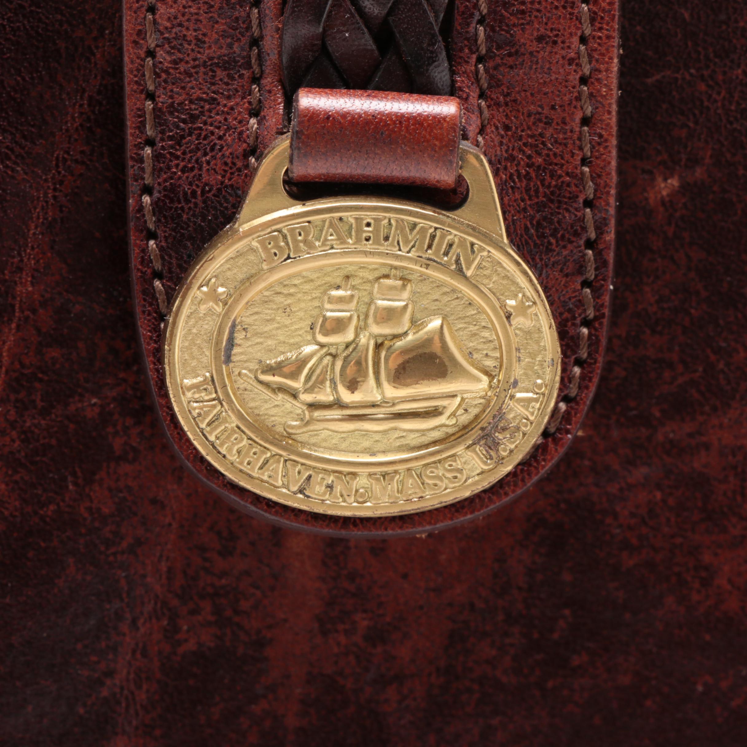 Brahmin Distressed Mahogany Brown Leather Satchel with Woven Leather Trim