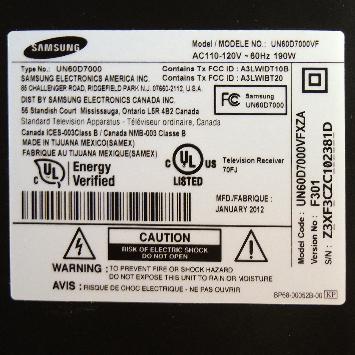Samsung 60" LED Flat Screen Television Including 3D Glasses