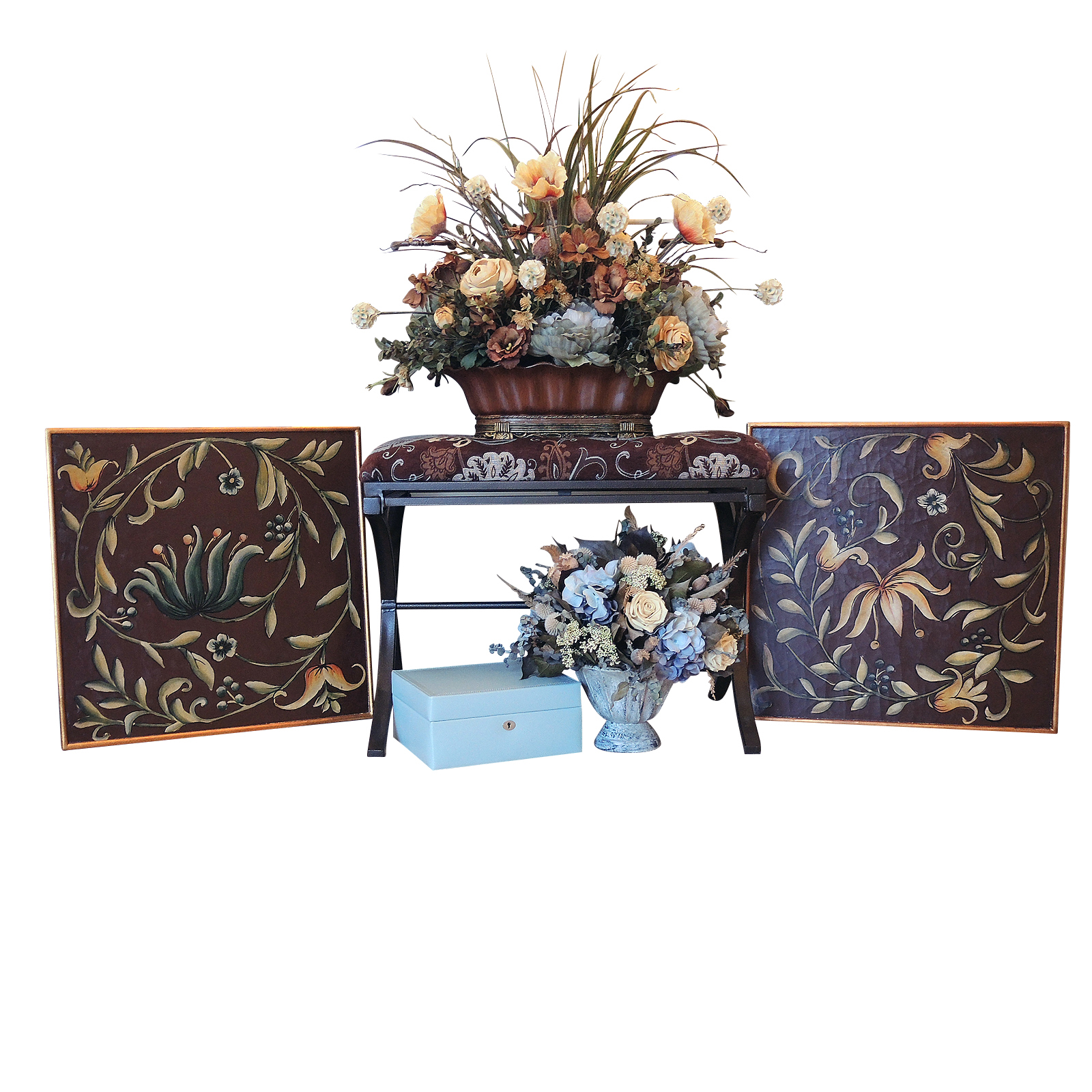 Pottery Barn Jewelry Box, Floral Arrangements and Cheyenne Furnishings Bench