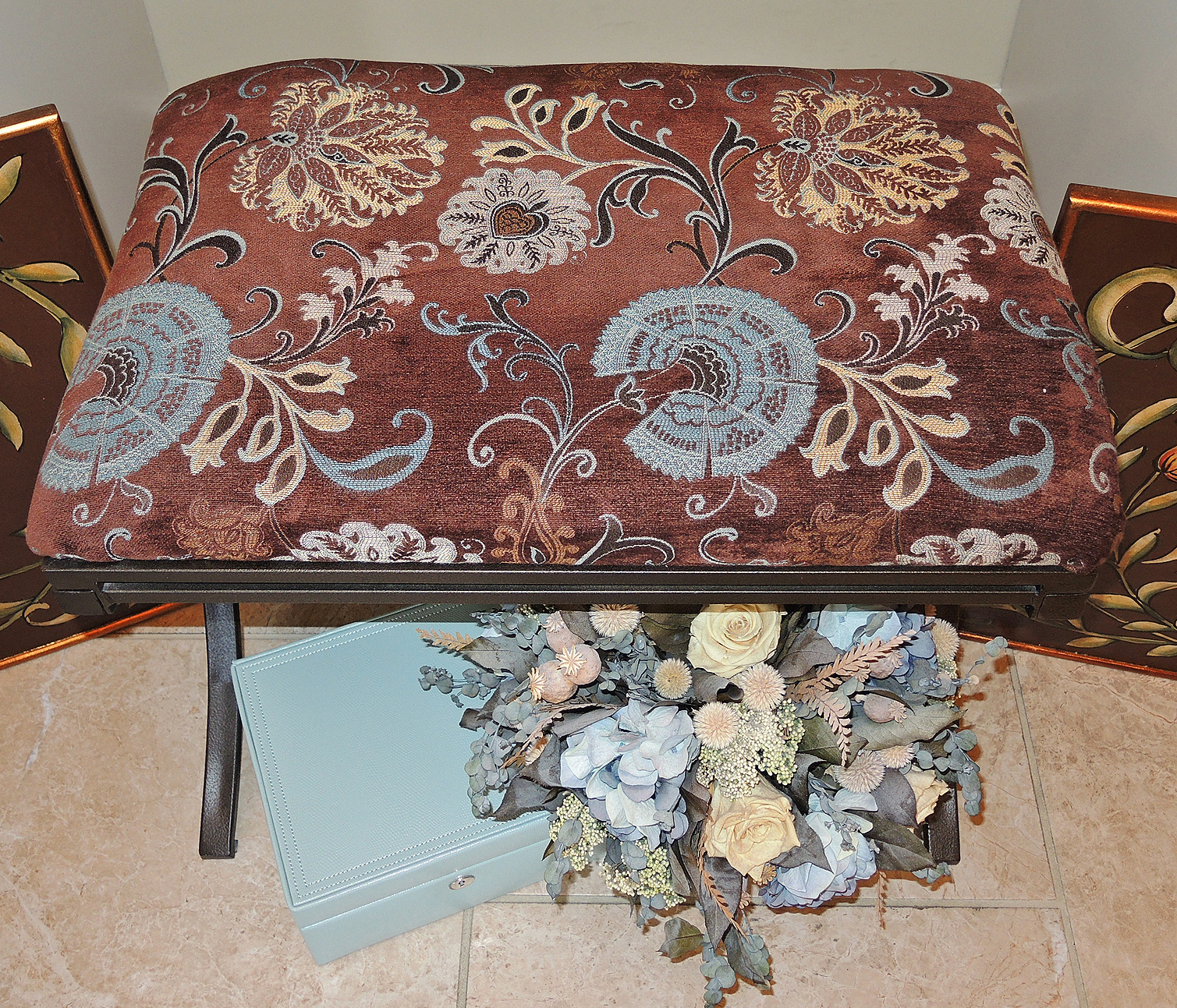 Pottery Barn Jewelry Box, Floral Arrangements and Cheyenne Furnishings Bench