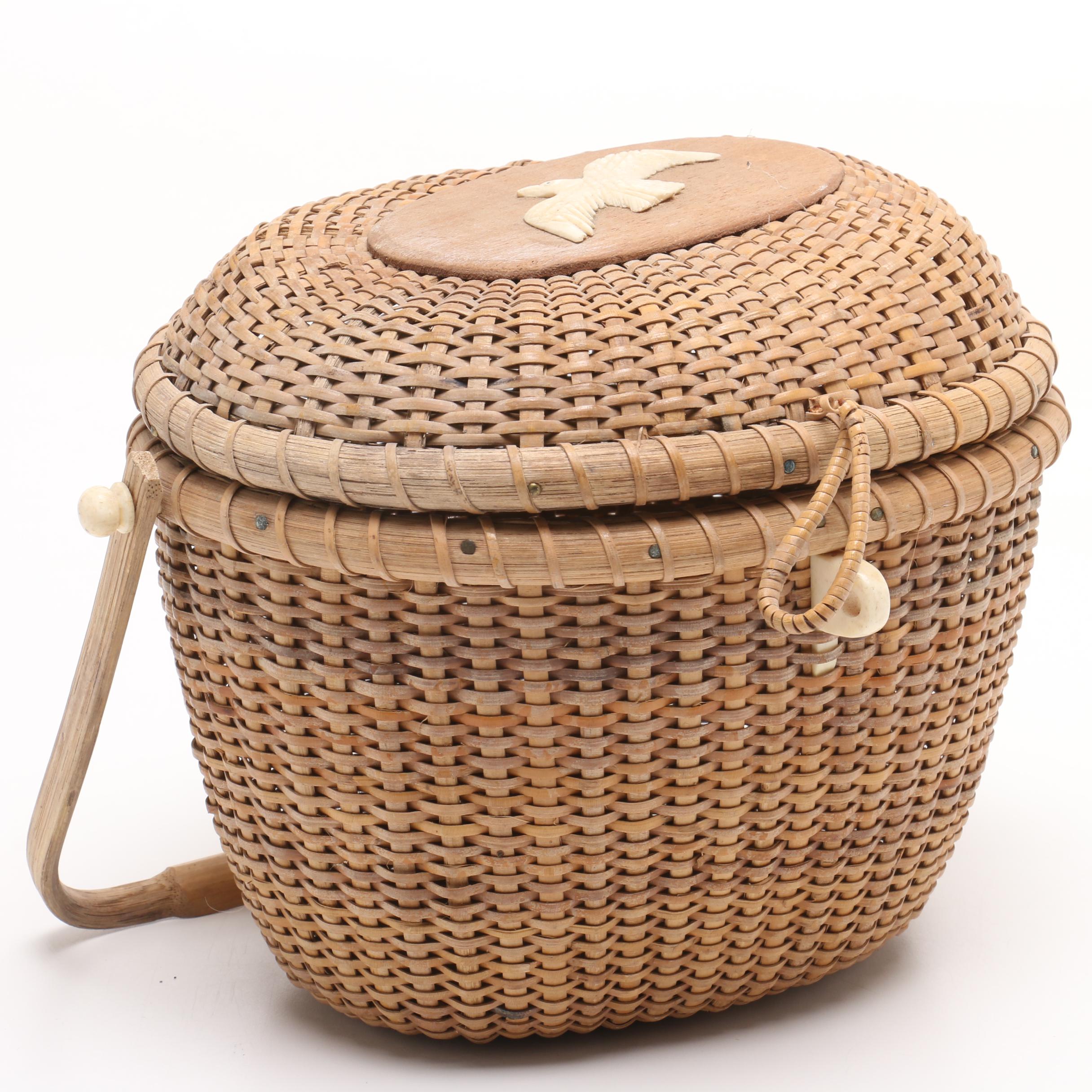 Nantucket Woven Basket Purse with Carved Bone Eagle, Wood and Bone Accents