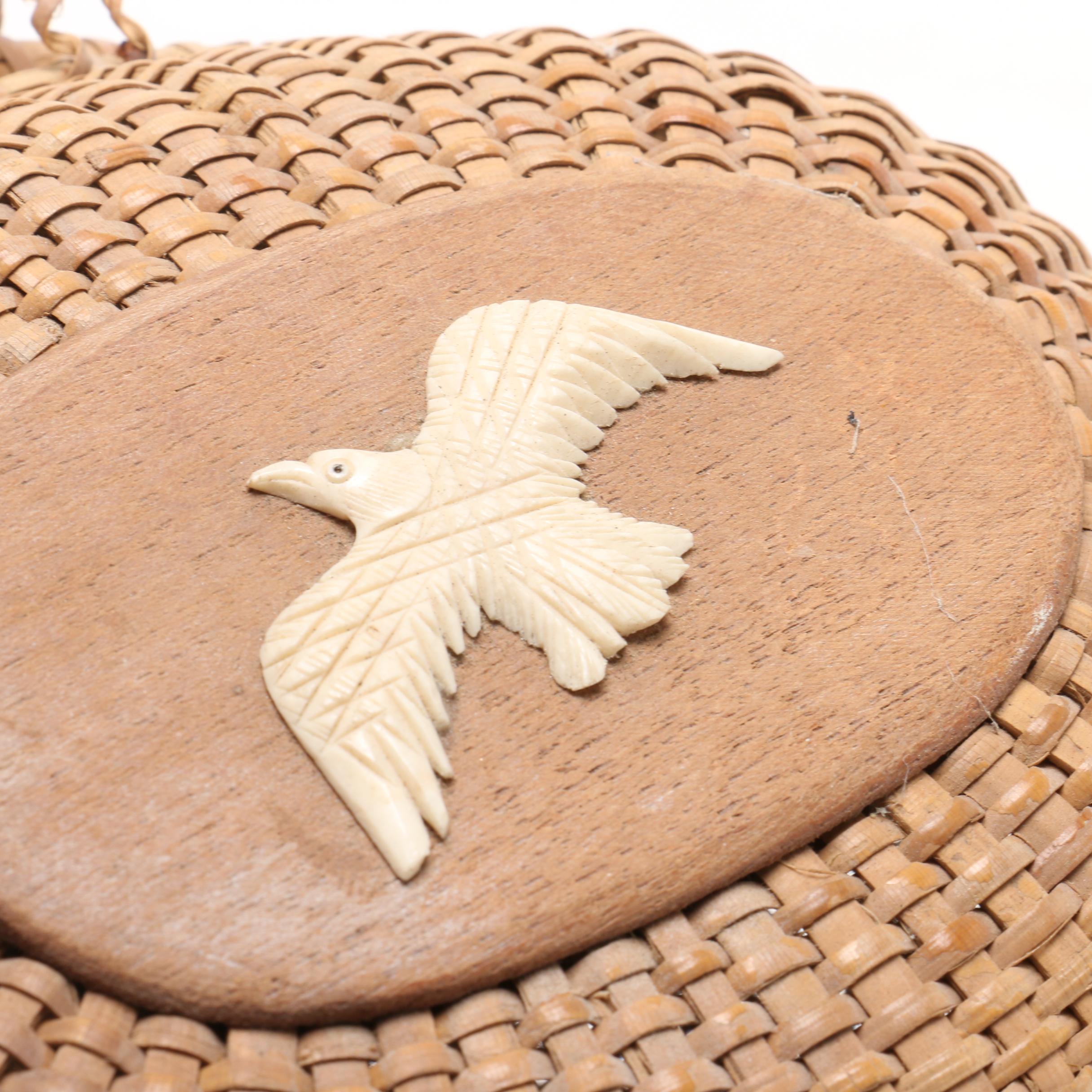 Nantucket Woven Basket Purse with Carved Bone Eagle, Wood and Bone Accents