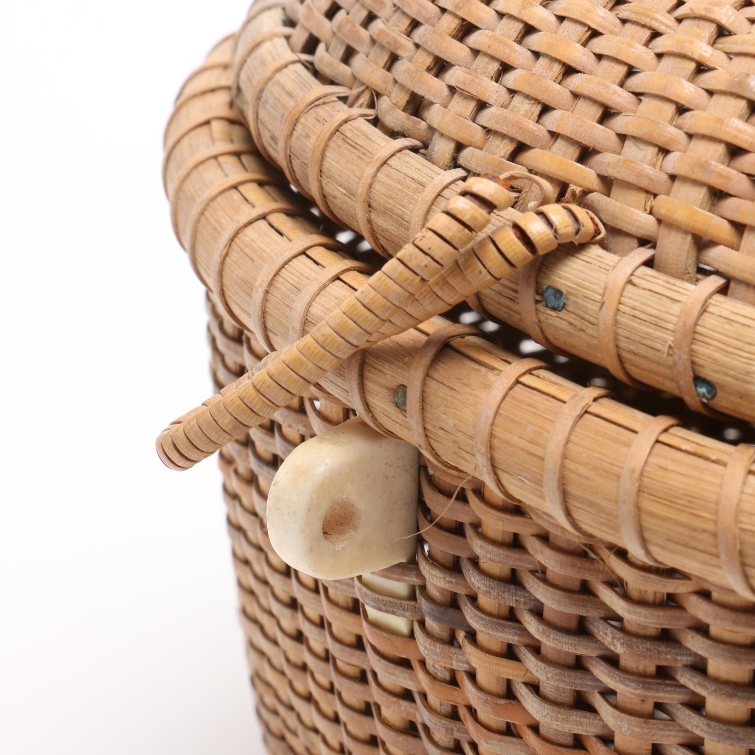 Nantucket Woven Basket Purse with Carved Bone Eagle, Wood and Bone Accents