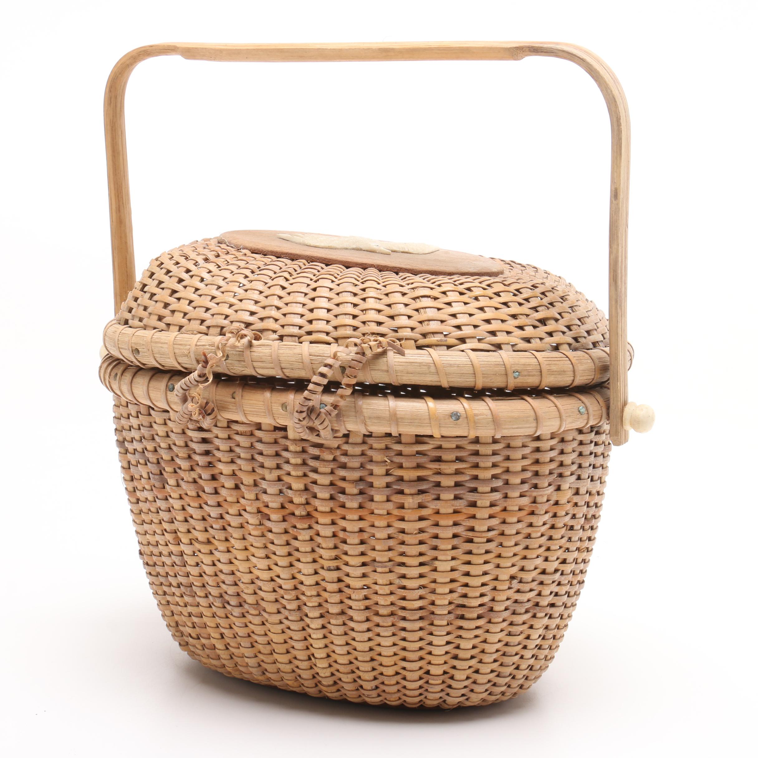 Nantucket Woven Basket Purse with Carved Bone Eagle, Wood and Bone Accents