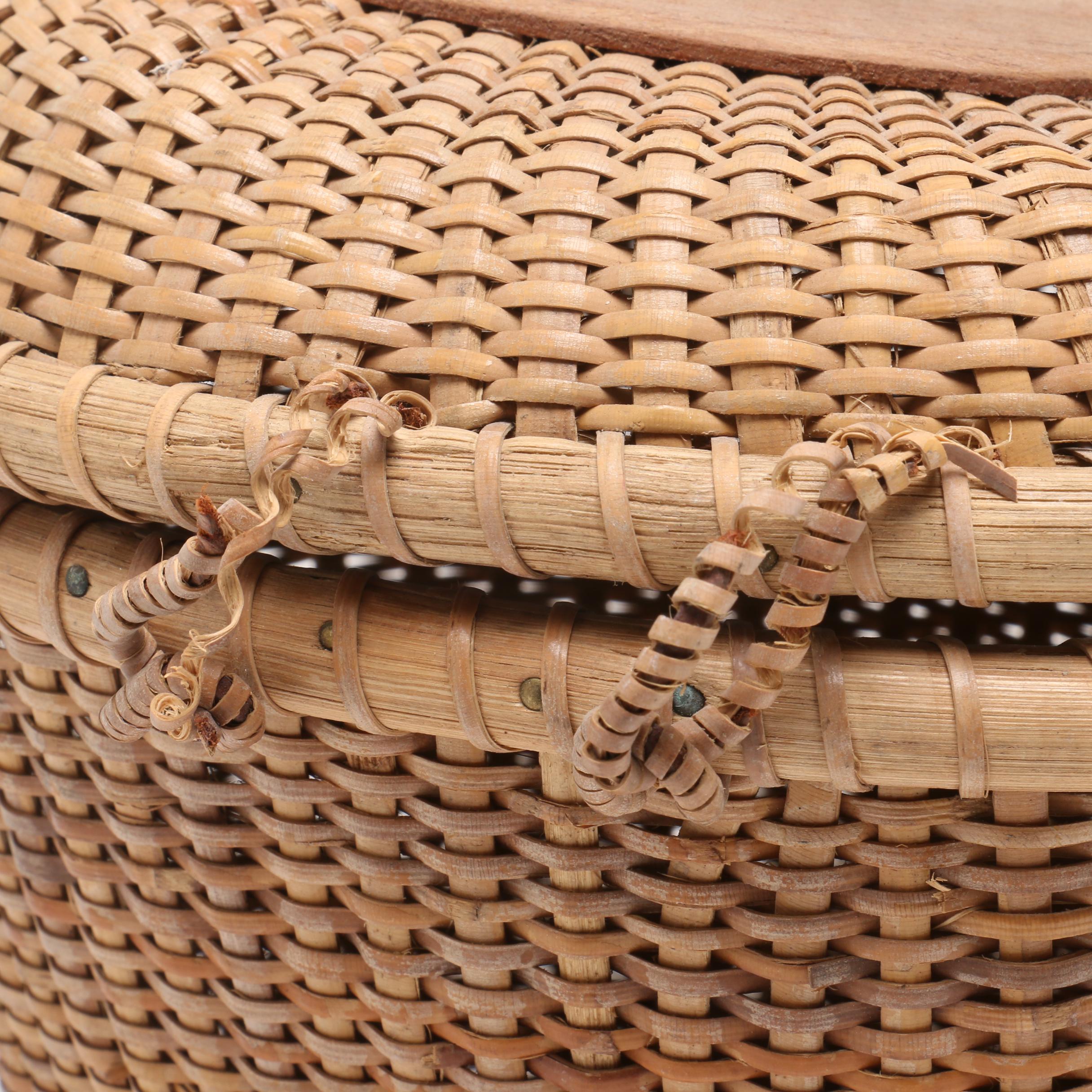 Nantucket Woven Basket Purse with Carved Bone Eagle, Wood and Bone Accents