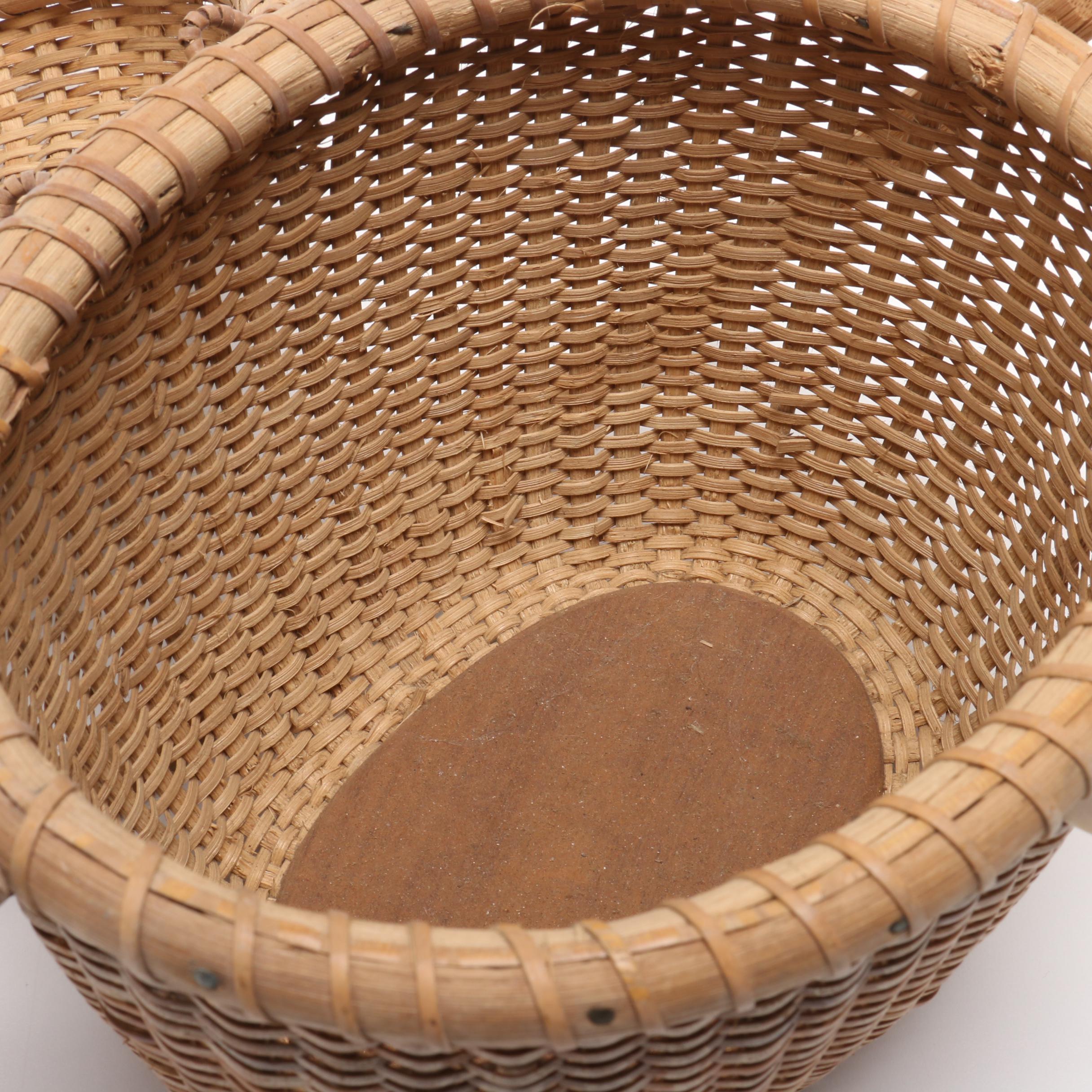 Nantucket Woven Basket Purse with Carved Bone Eagle, Wood and Bone Accents