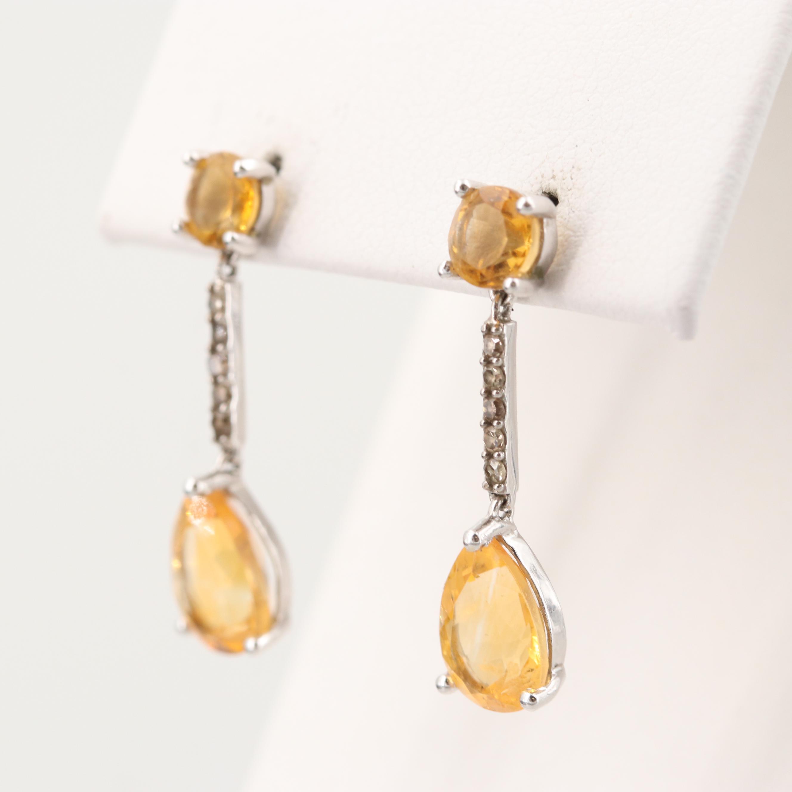 14K Yellow Gold Citrine and Diamond Earrings
