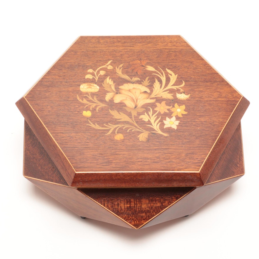 Marquetry Music Jewelry Box With Mahogany Finish