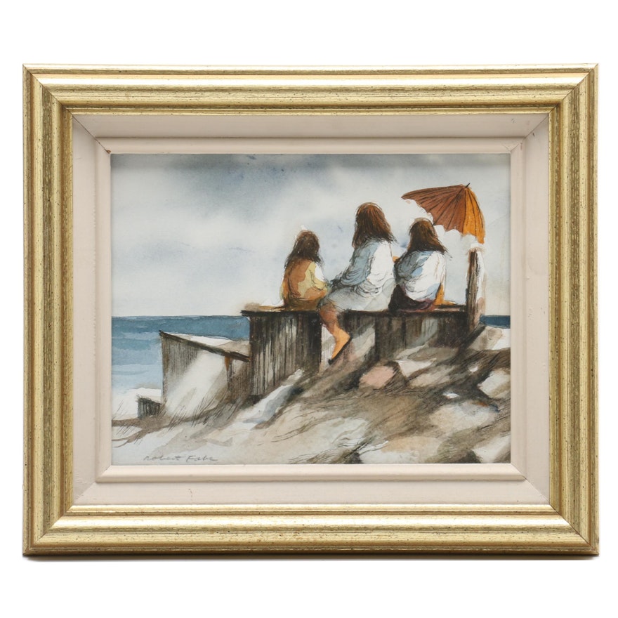 Robert Fabe Watercolor Painting of Girls at the Shore