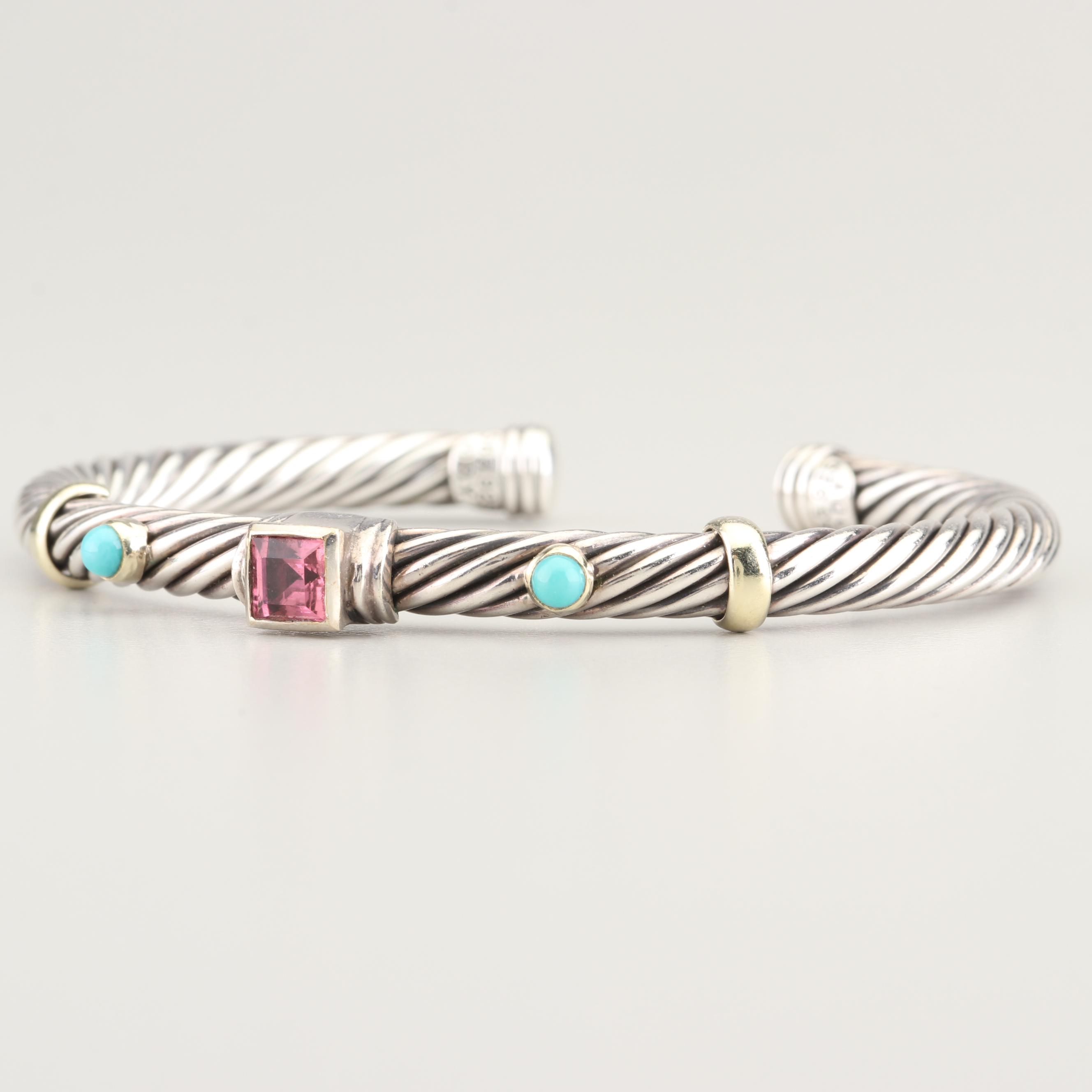 David Yurman Sterling Silver 14K Gold Accented Tourmaline and Turquoise Bracelet