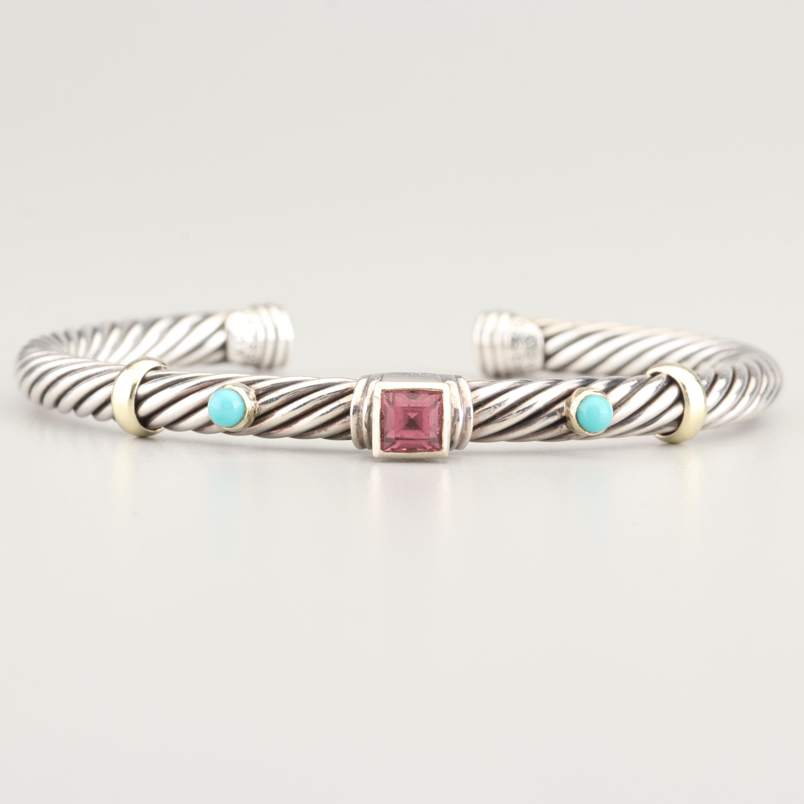 David Yurman Sterling Silver 14K Gold Accented Tourmaline and Turquoise Bracelet
