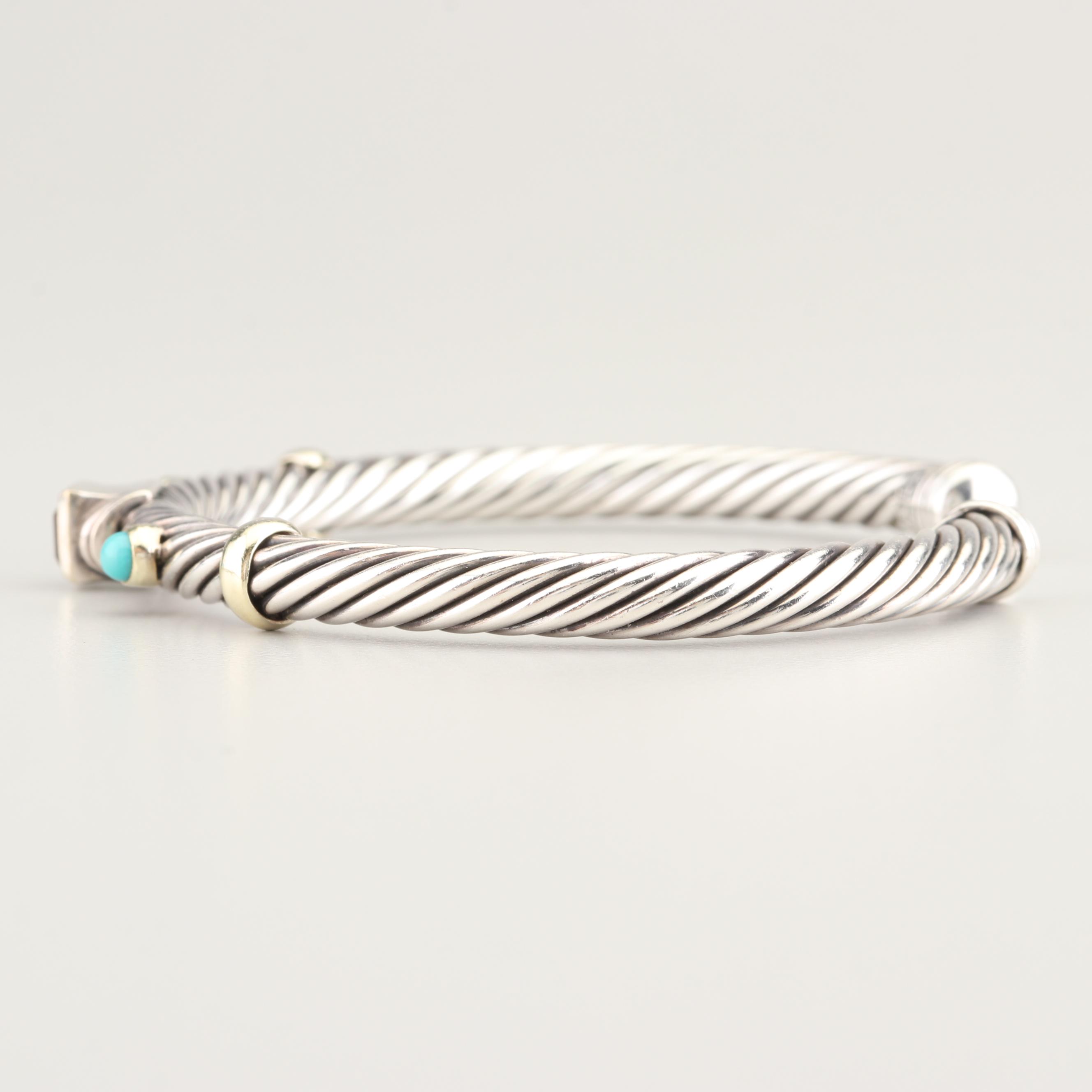 David Yurman Sterling Silver 14K Gold Accented Tourmaline and Turquoise Bracelet