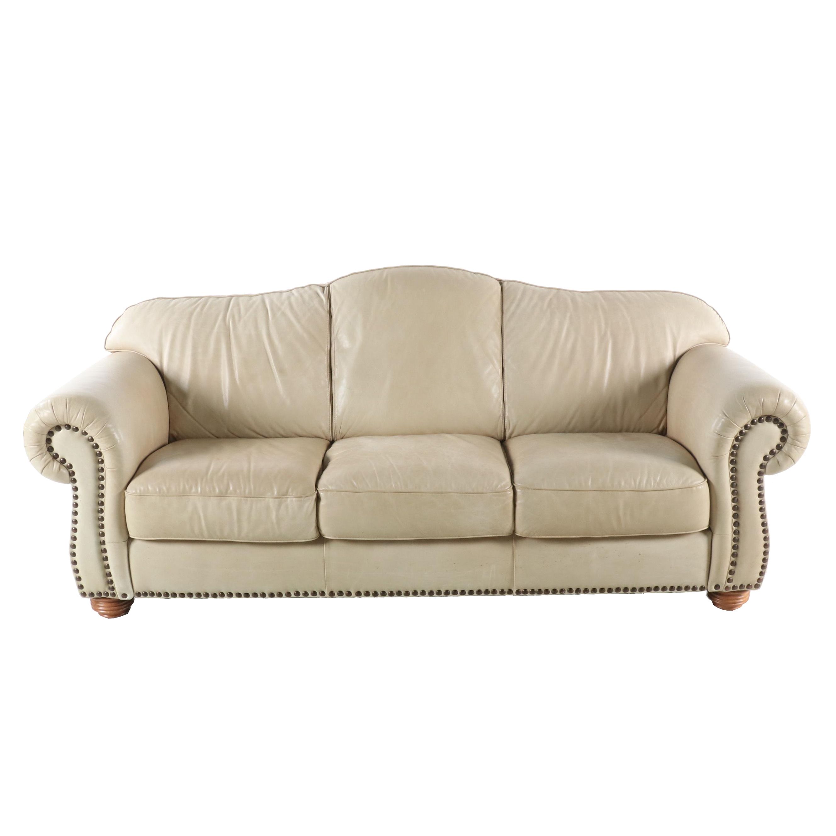Contemporary Leather Camelback Sofa with Nailhead Trim