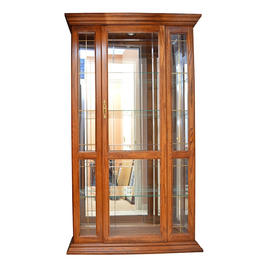 Lighted Oak Display Cabinet with Mirrored Back