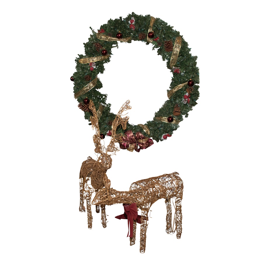 Large Christmas Wreath with Wicker Reindeers