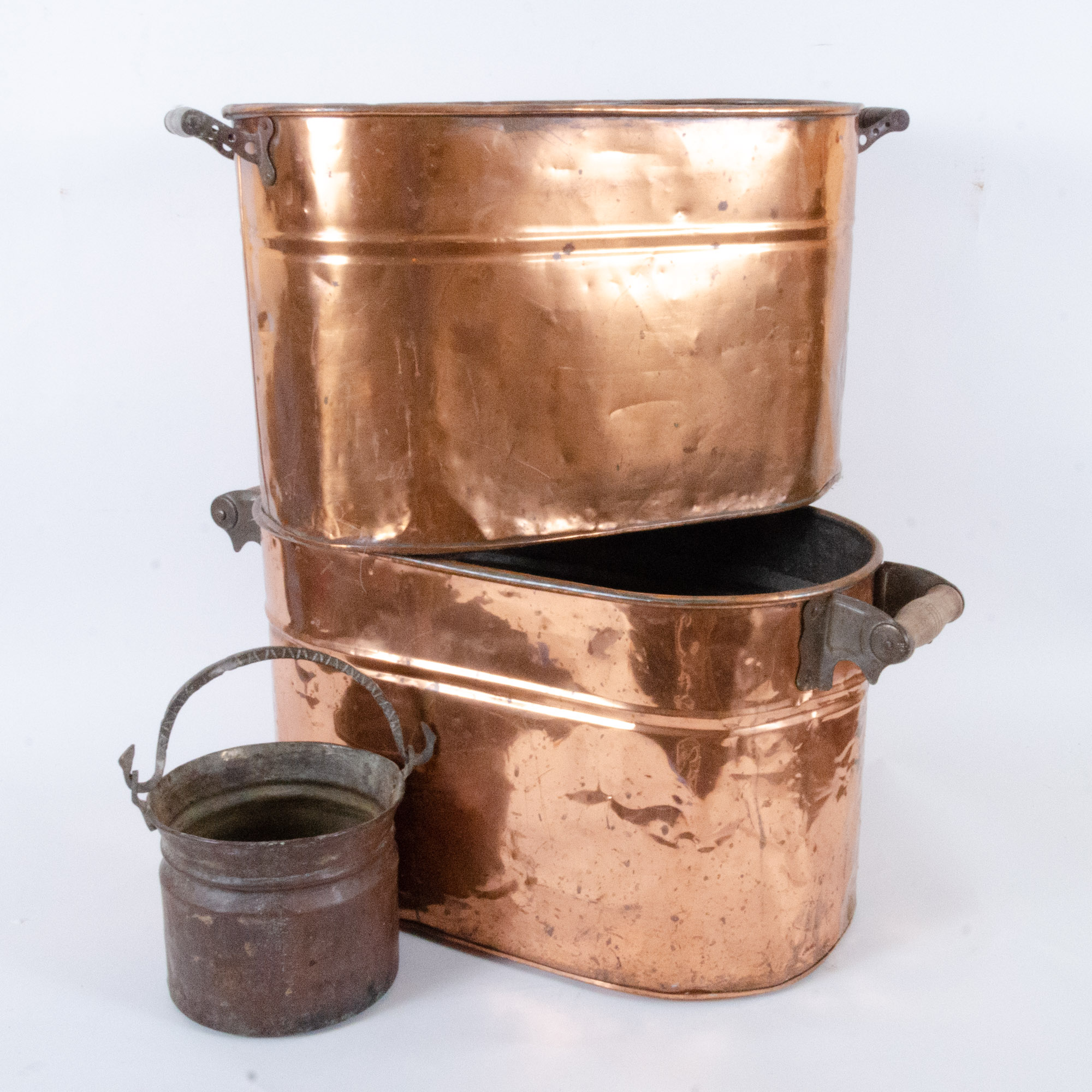 Antique Copper Boilers and Handled Pot