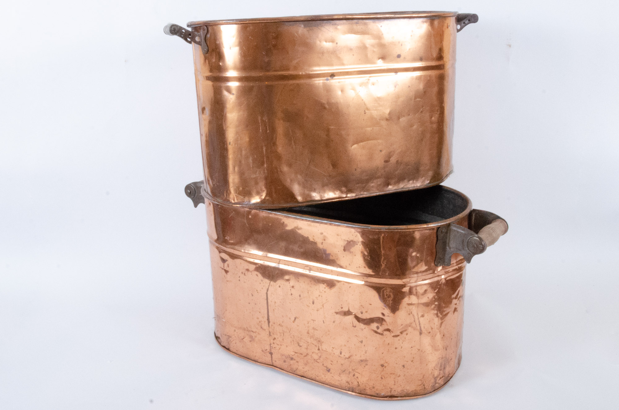 Antique Copper Boilers and Handled Pot