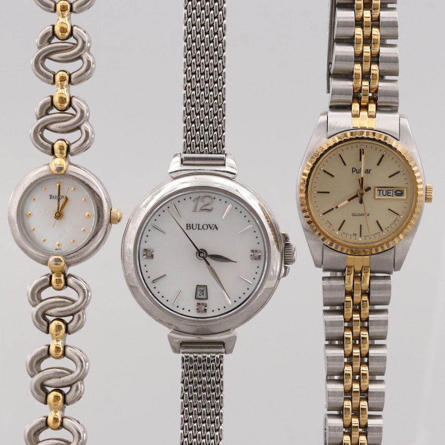 Assorted Stainless Steel Quartz Wristwatches Featuring Bulova and Pulsar