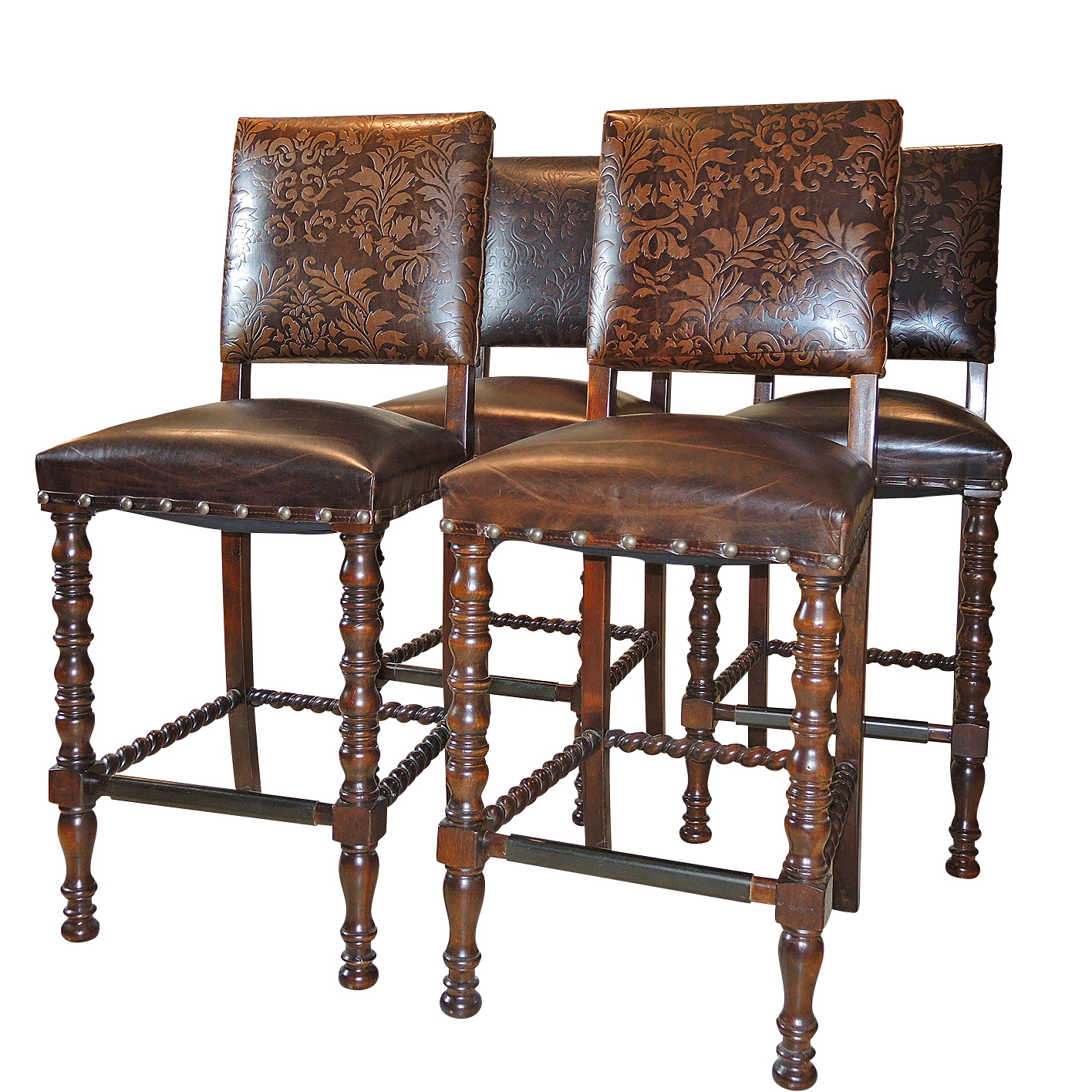Embossed Leather Bar Stools with Nail Head Trim
