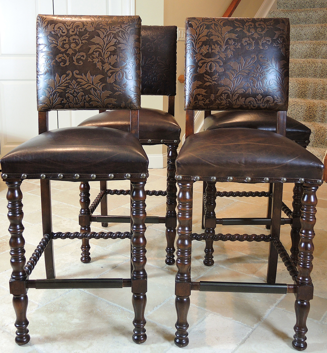 Embossed Leather Bar Stools with Nail Head Trim