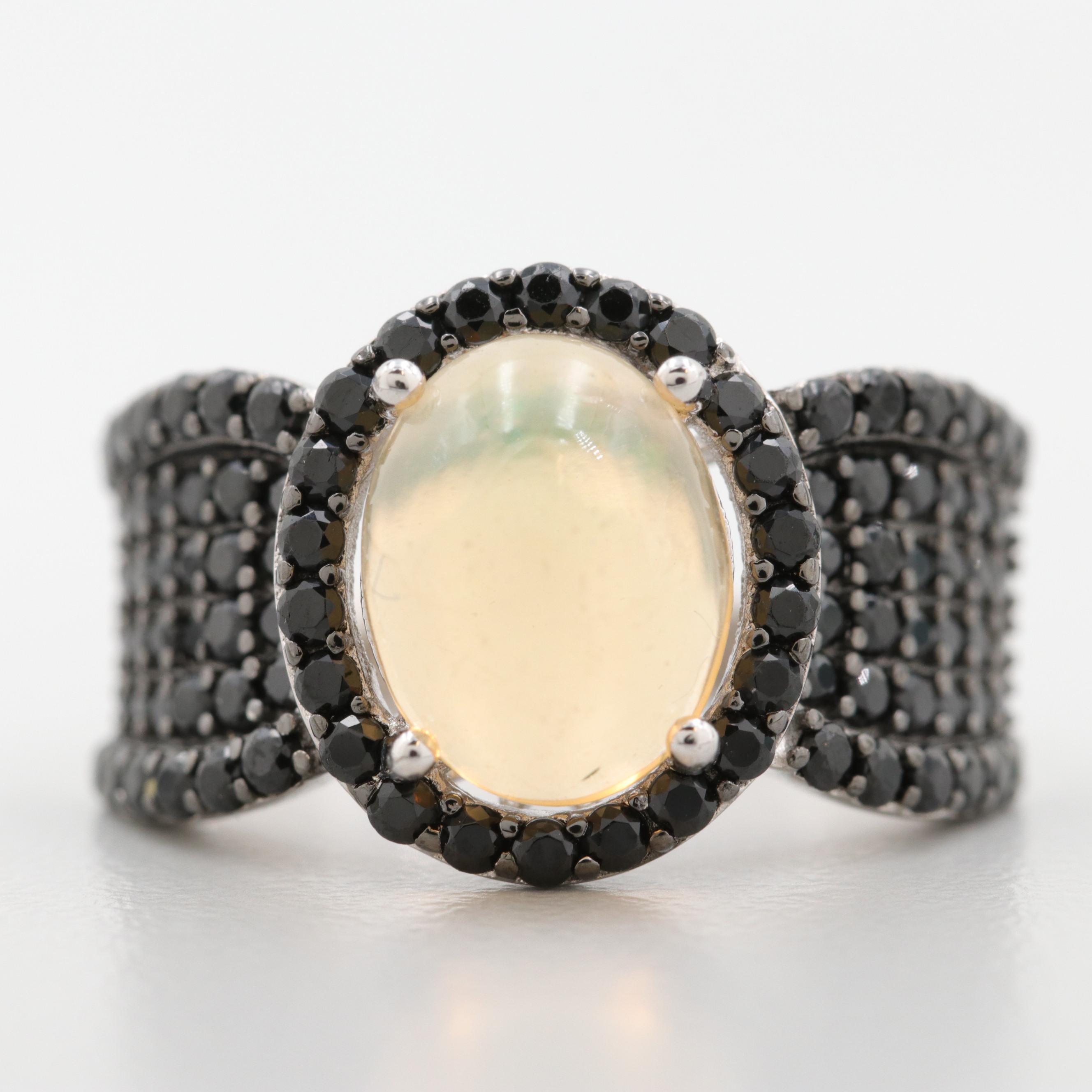 Sterling Silver Opal and Black Spinel Ring