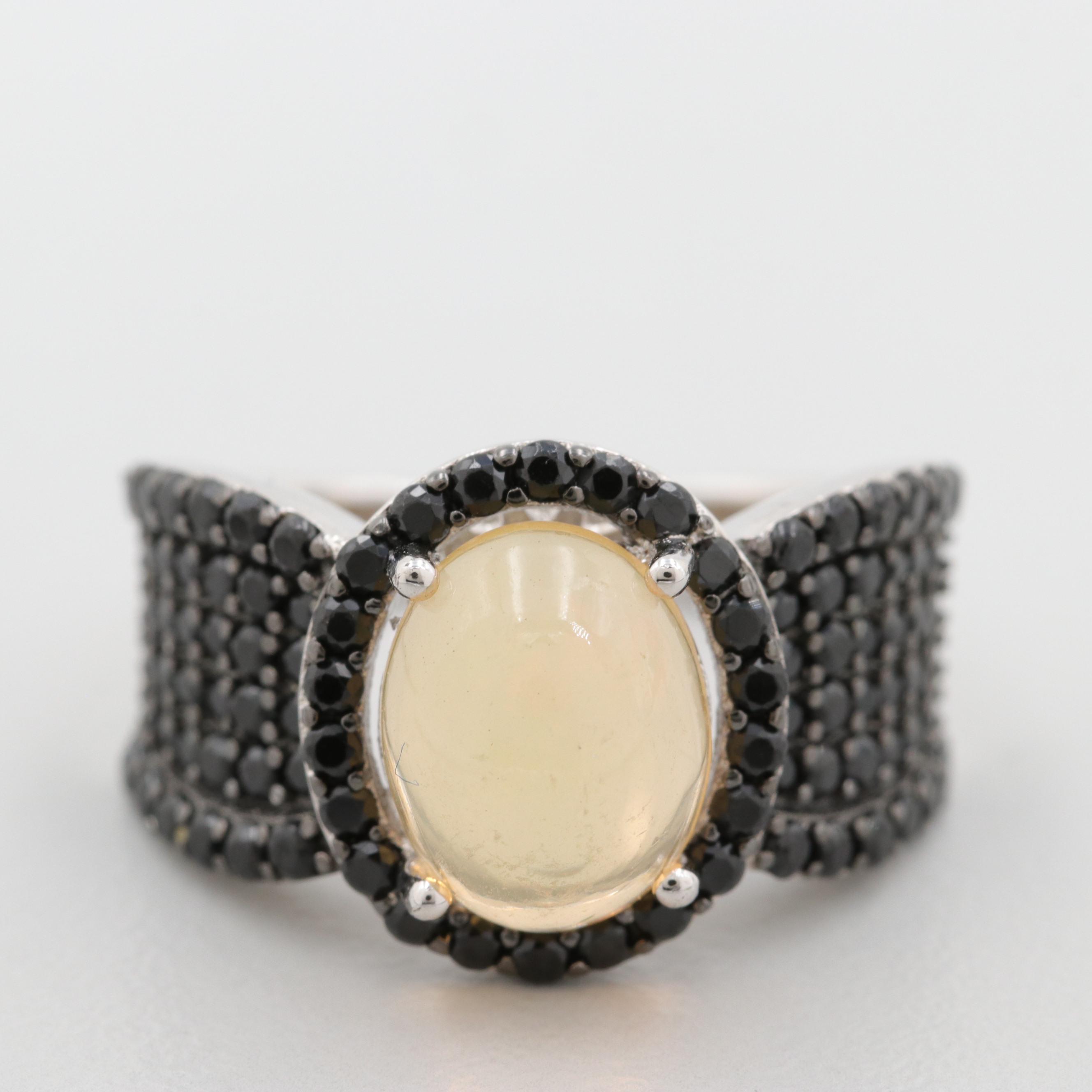 Sterling Silver Opal and Black Spinel Ring