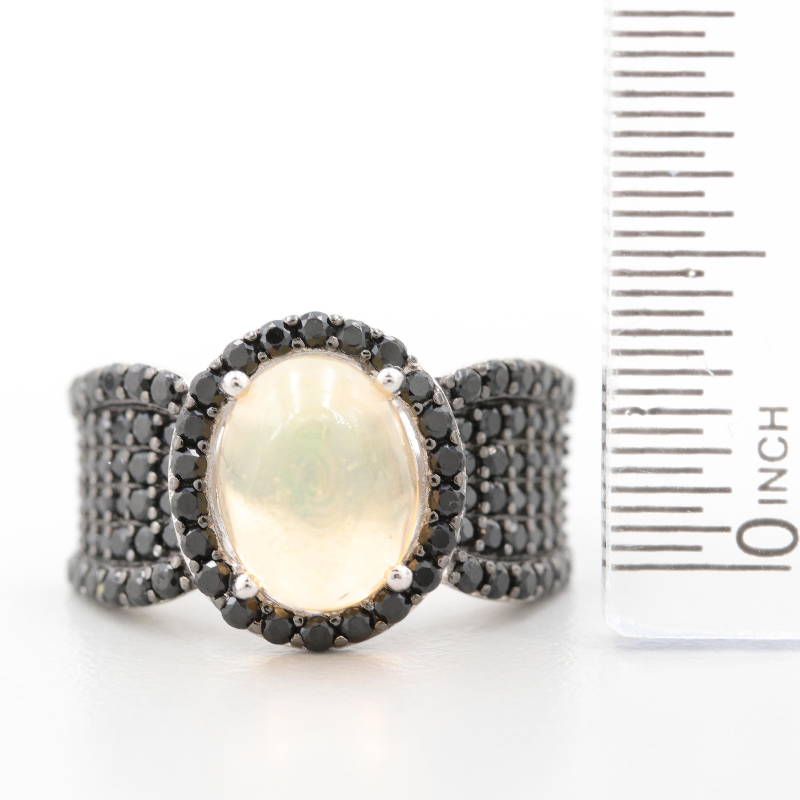 Sterling Silver Opal and Black Spinel Ring