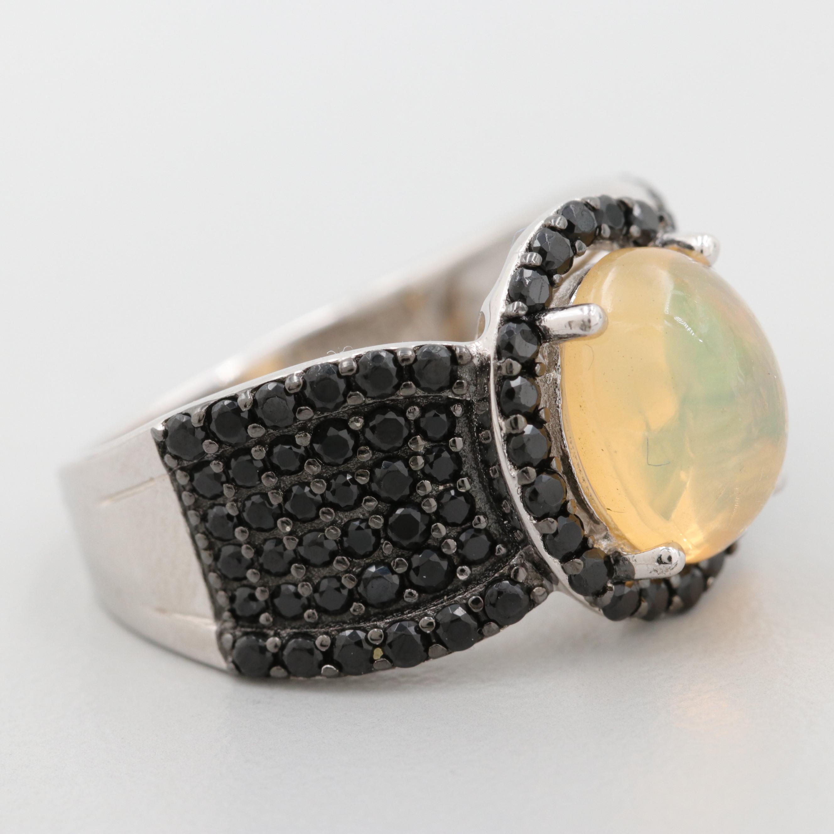 Sterling Silver Opal and Black Spinel Ring
