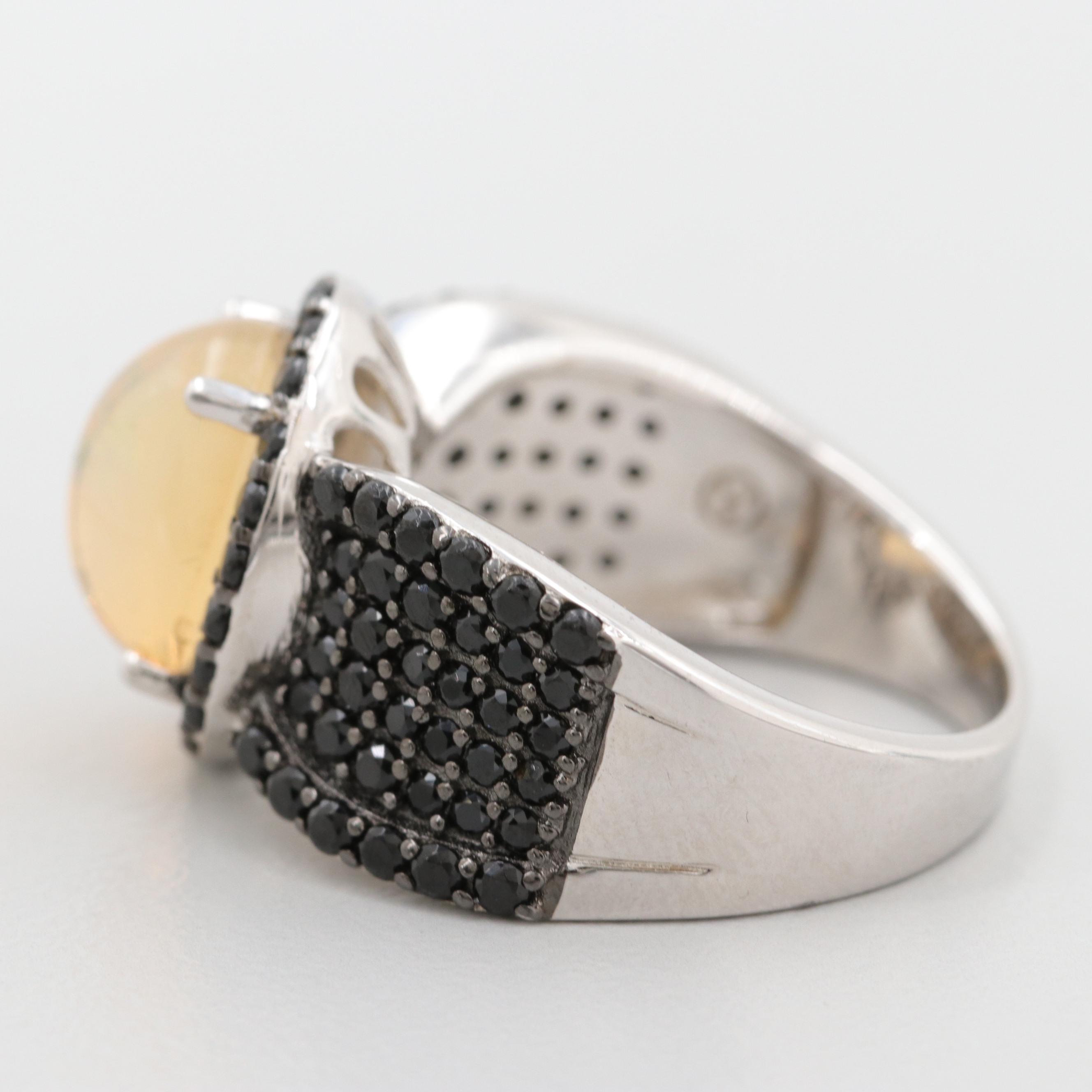 Sterling Silver Opal and Black Spinel Ring