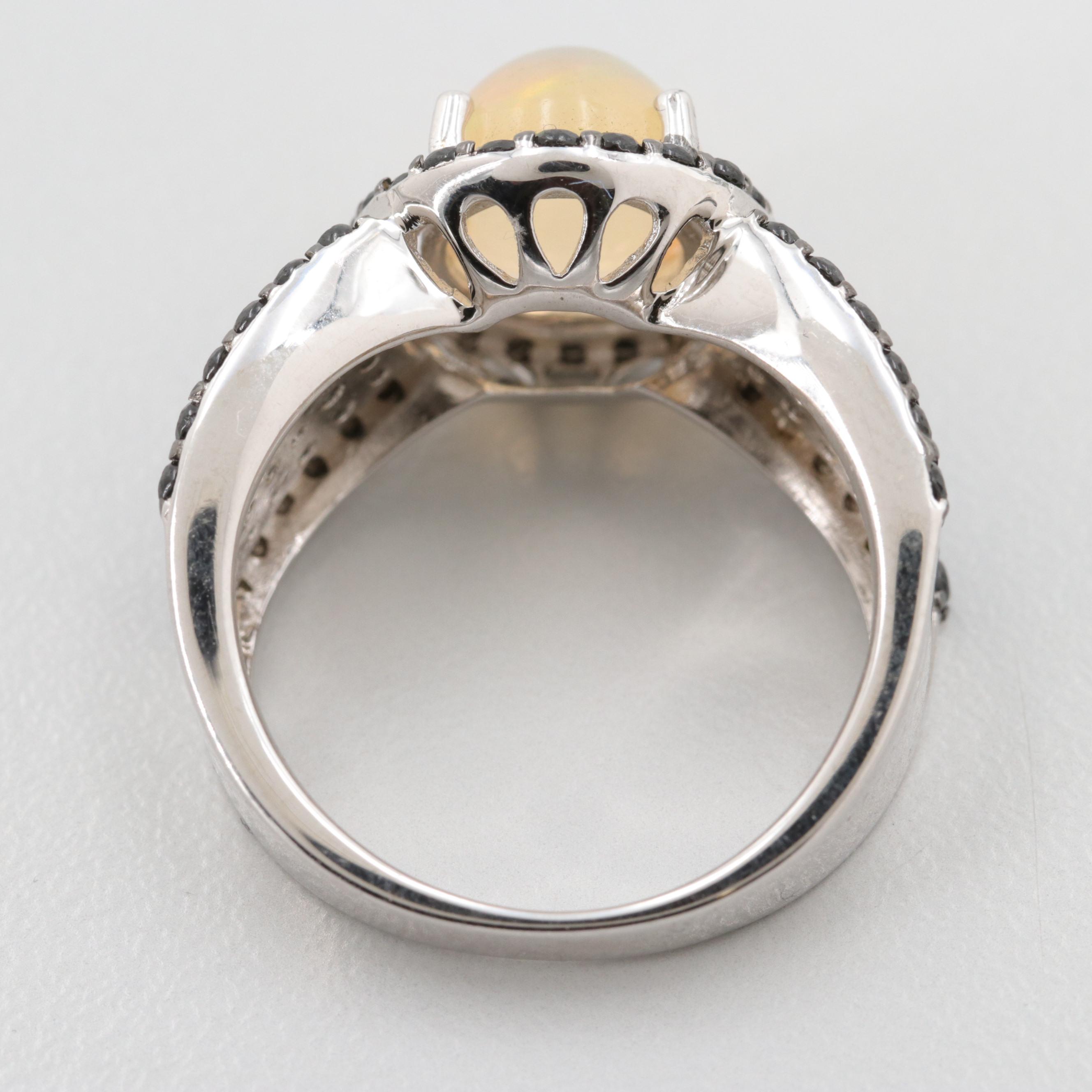 Sterling Silver Opal and Black Spinel Ring