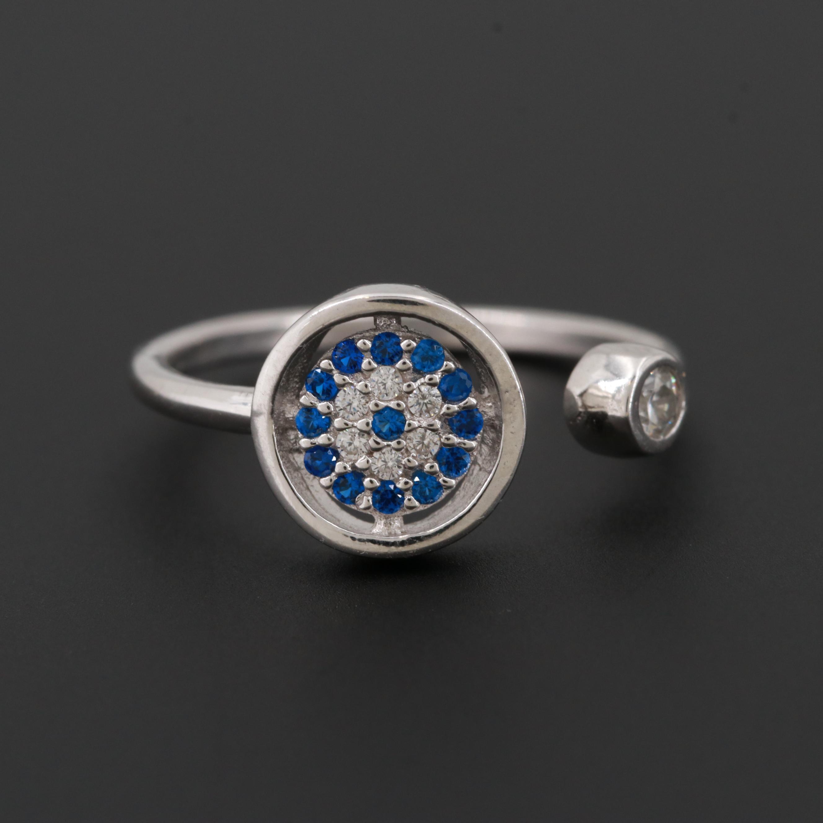 Sterling Silver Blue Spinel and Cubic Zirconia Open Crown Ring