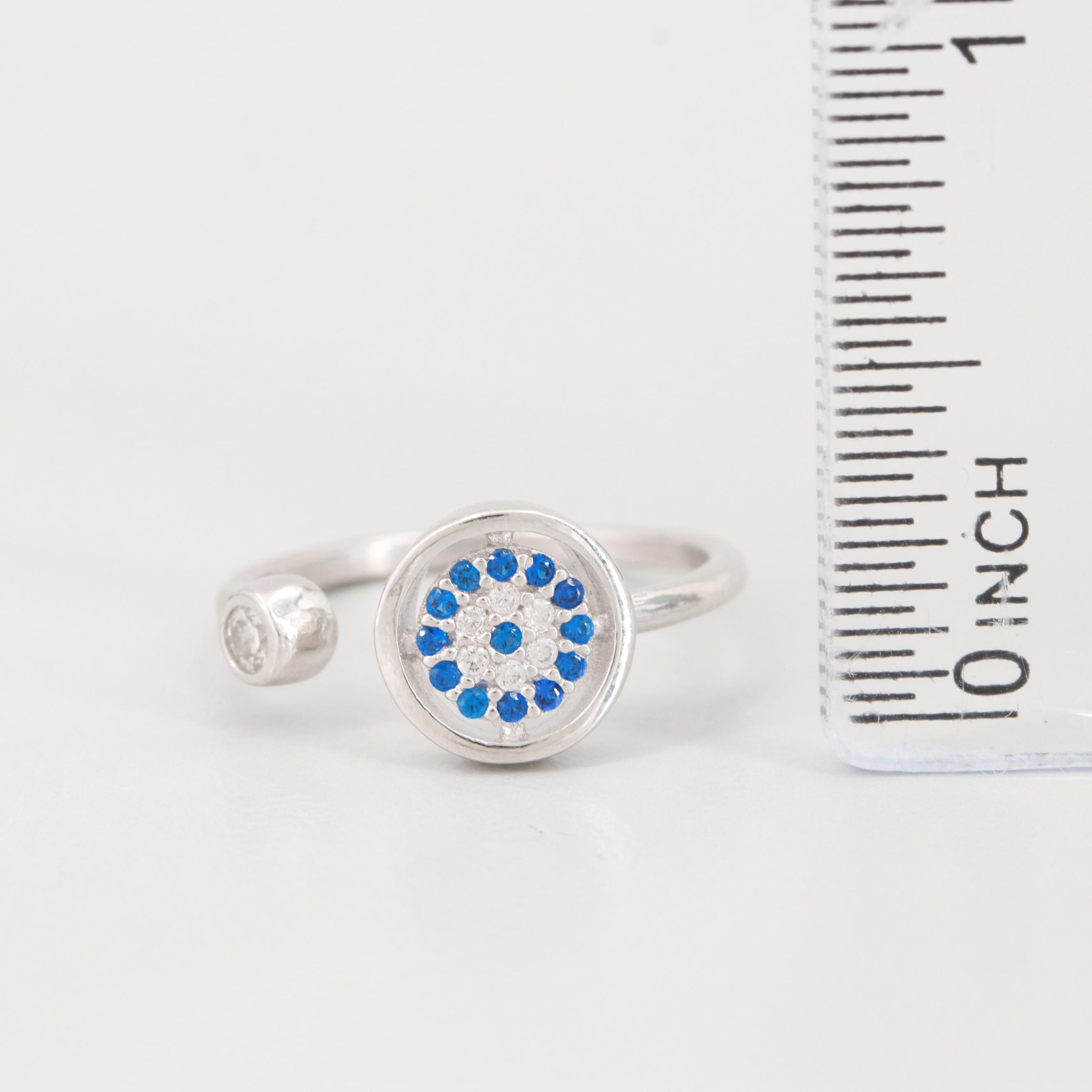 Sterling Silver Blue Spinel and Cubic Zirconia Open Crown Ring