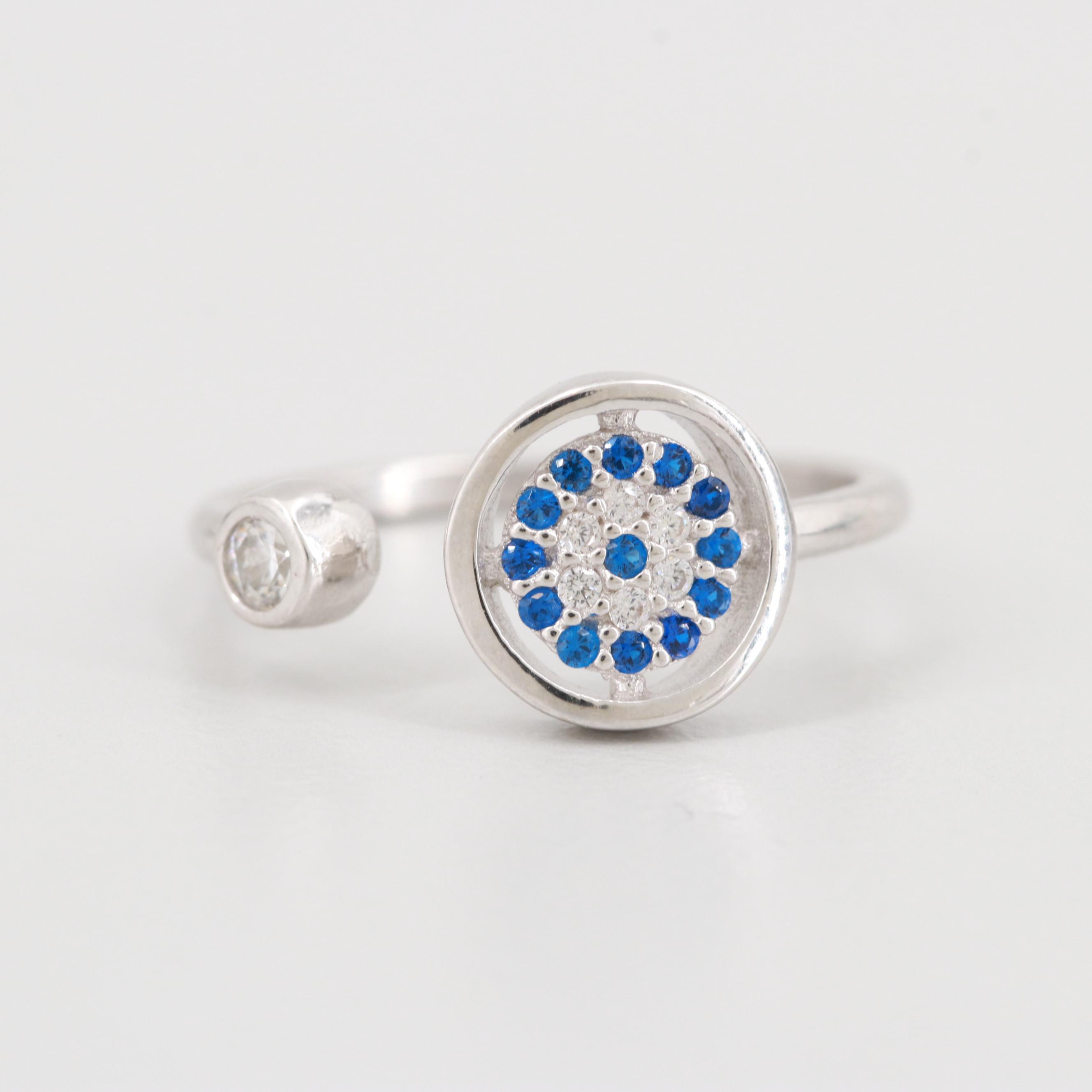 Sterling Silver Blue Spinel and Cubic Zirconia Open Crown Ring