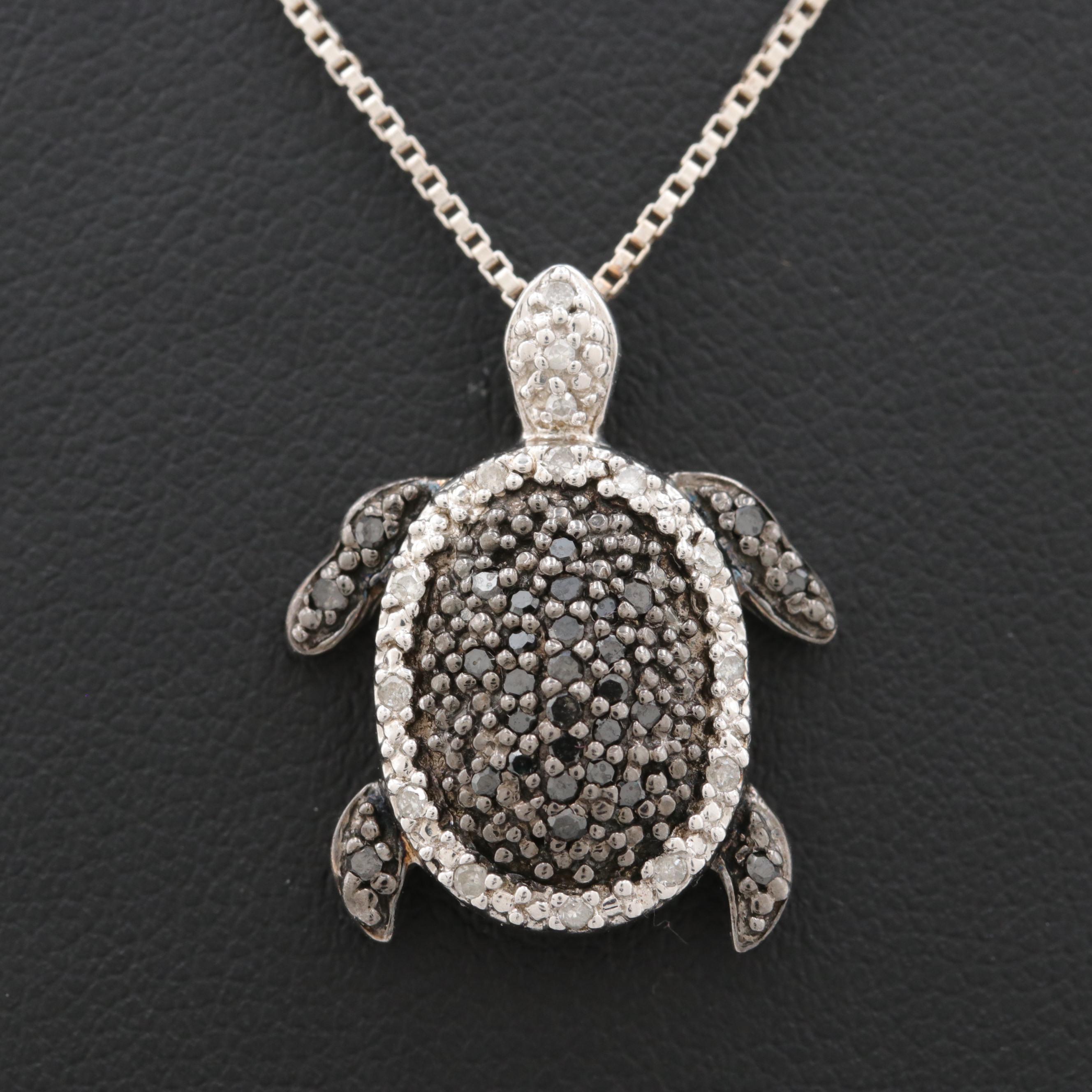 Sterling Silver Diamond and Black Diamond Turtle Pendant Necklace