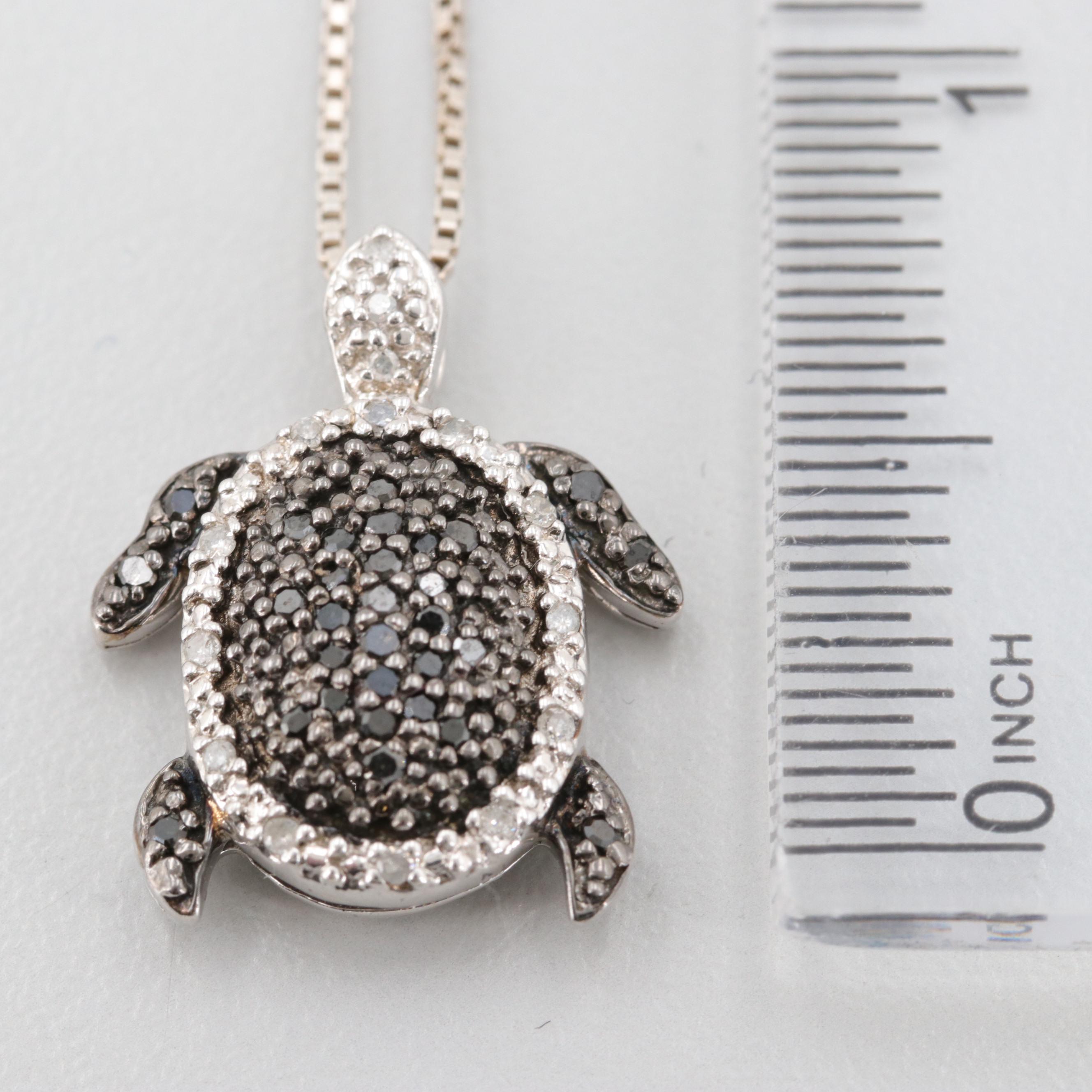 Sterling Silver Diamond and Black Diamond Turtle Pendant Necklace