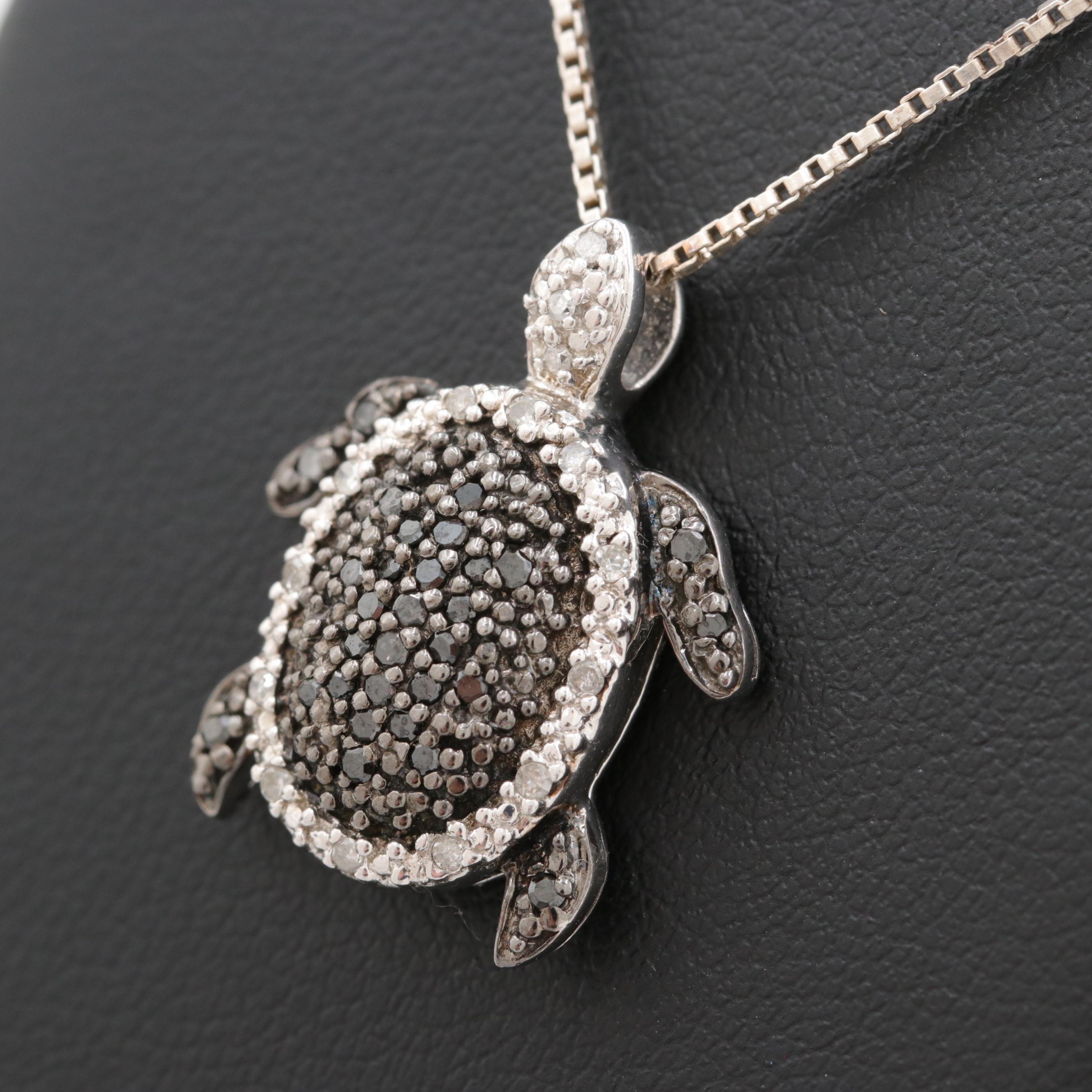 Sterling Silver Diamond and Black Diamond Turtle Pendant Necklace