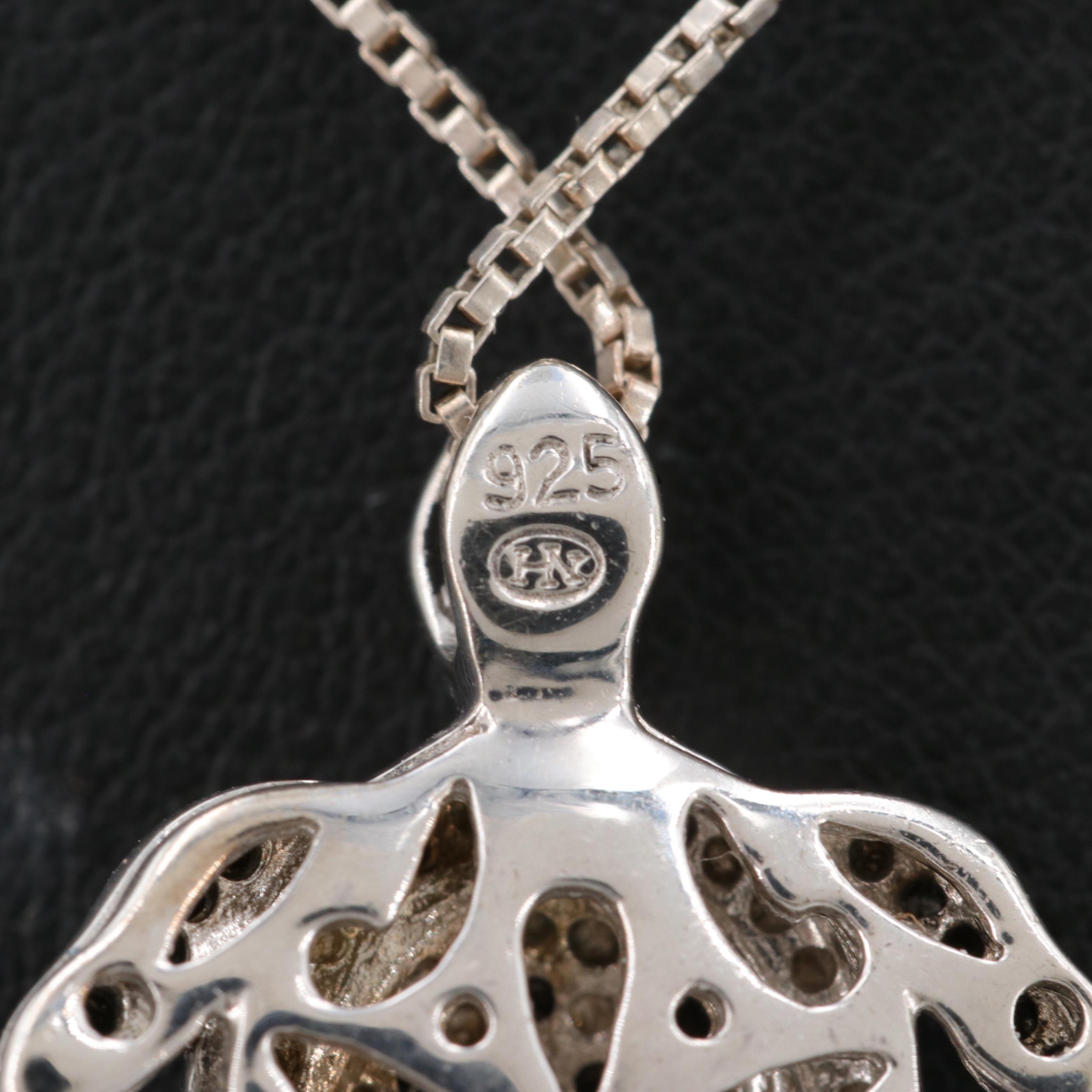 Sterling Silver Diamond and Black Diamond Turtle Pendant Necklace